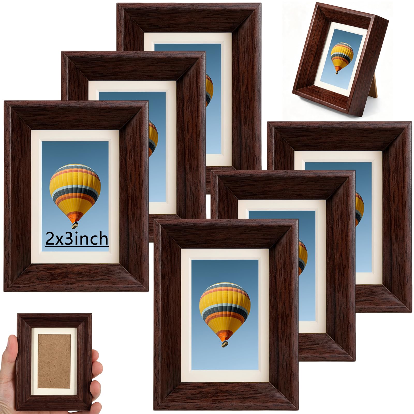 Wonninek 6 Pack Mini Picture Frames, Wood Photo Frame with Mat, Brown