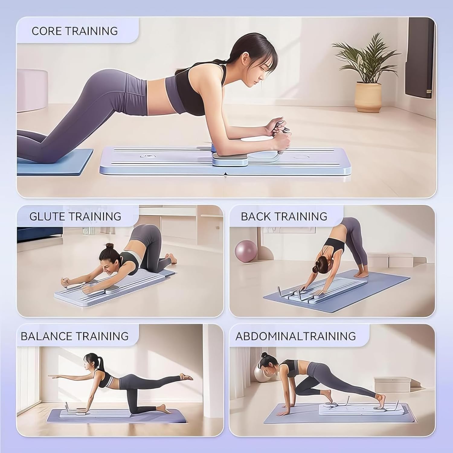 Tavola Pieghevole per Pilates Reformer, Ruota a Rulli Multifunzionale per Addominali con Supporto per Gomito e Fasce di Resistenza, Attrezzatura per Allenamento a Casa