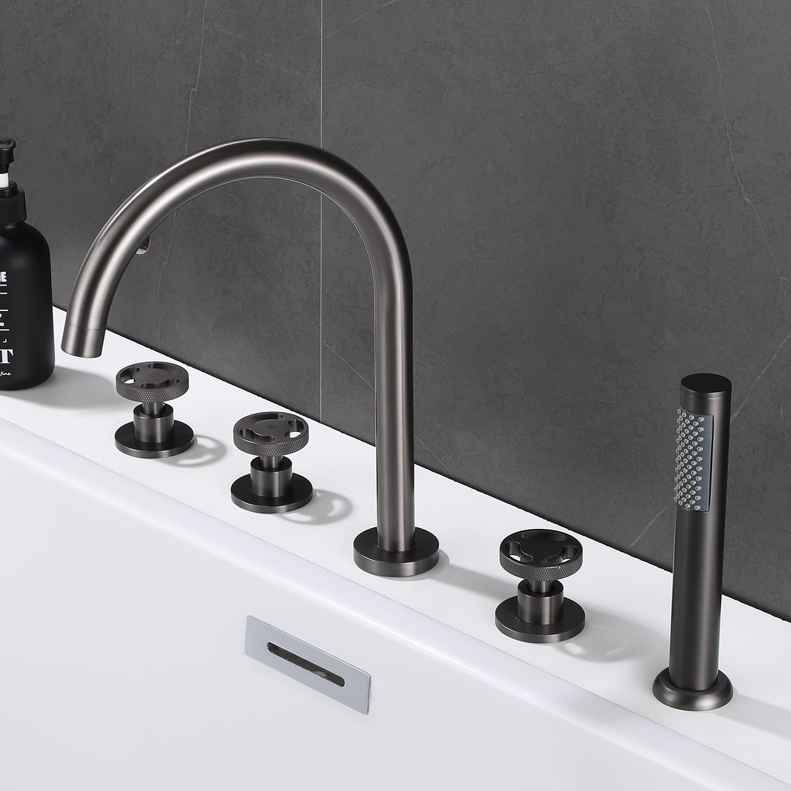 MYUYEE 5 Hole Bath Taps Set With Shower Bath Shower Mixer Tap Chrome 360 Swivel Spout Gooseneck Tap (Grey)