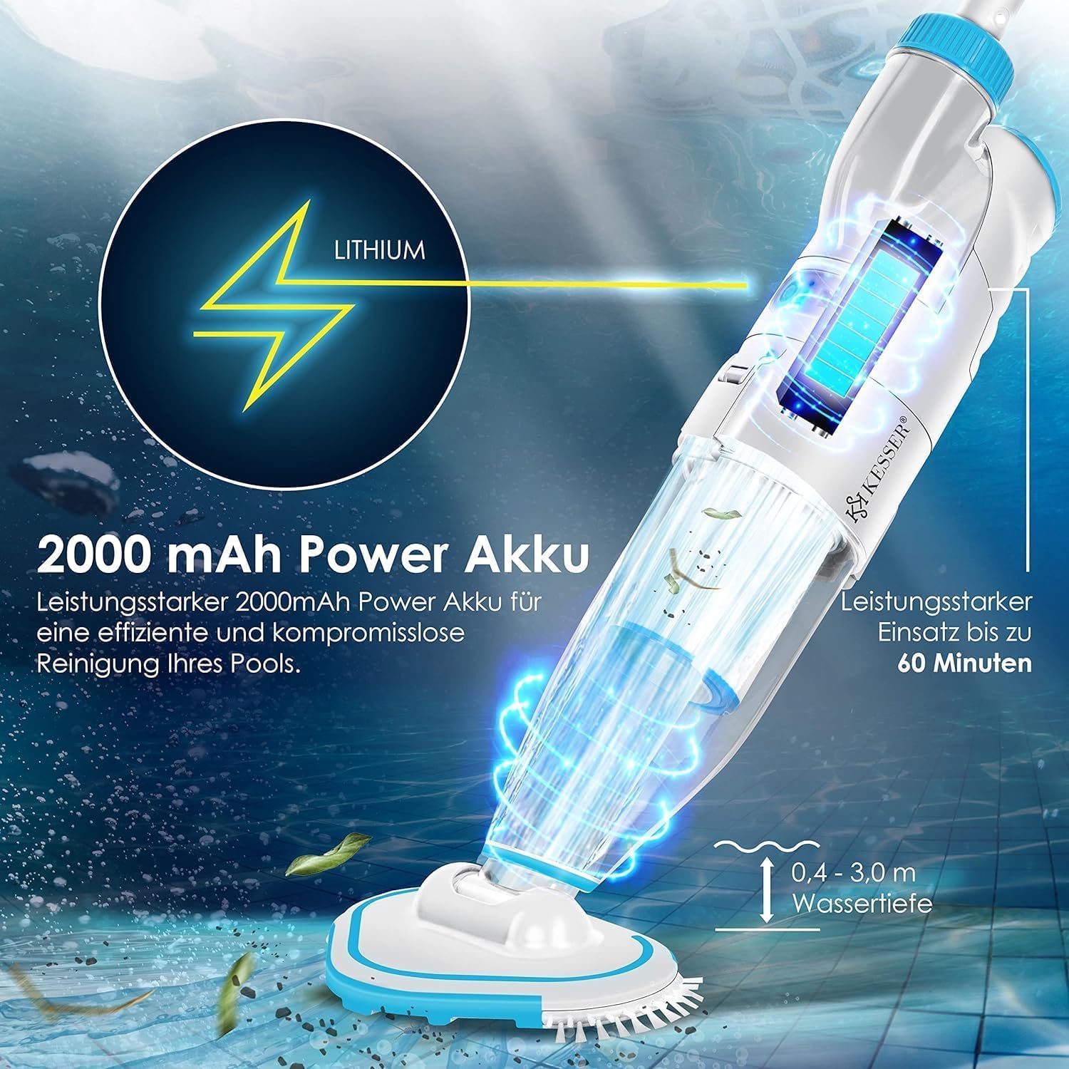 KESSER® Aspiratore per piscina con batteria | aspiratore elettrico per piscina | Pulitore per piscina con filtro e sistema a 2 velocità | Set di pulizia senza fili fino a 15 m³, con copertura