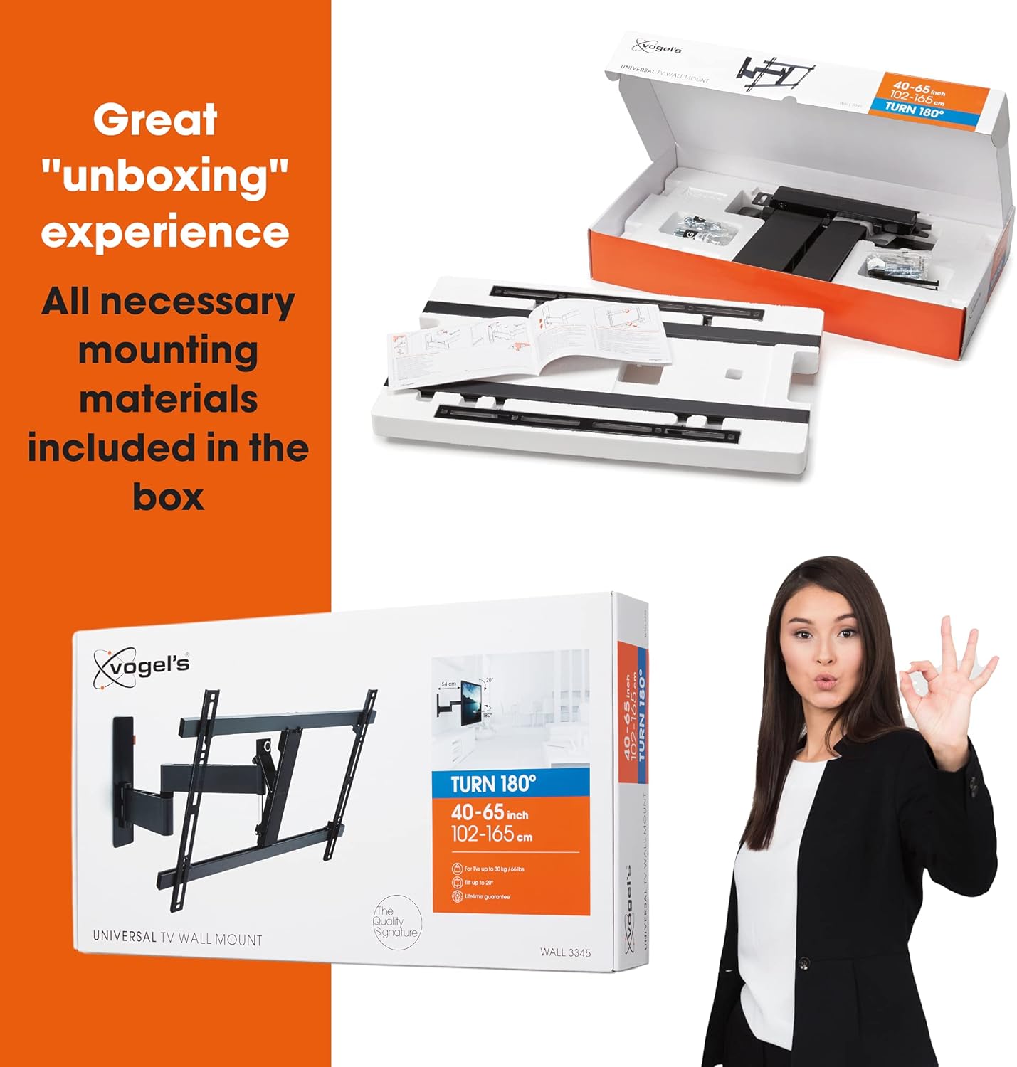 Best Vogel's Wall 3345 Full-Motion TV Wall Mount for 40-65 inch TVs | Max. 66 lbs (30 kg) | Swivels up to 180º | Tiltable | TV Wall Mount | Max. VESA 600x400 | Universal Compatibility