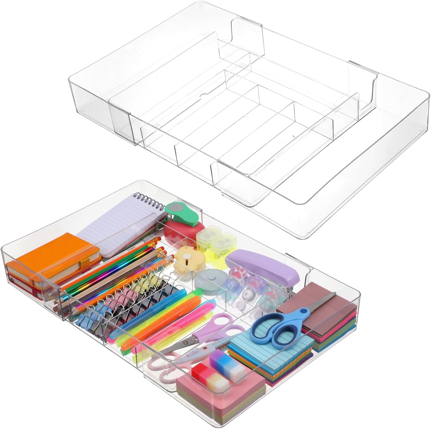 2-Pack Clear Expandable Drawer Organizer Trays with Adjustable Dividers for Office & Kitchen Supplies