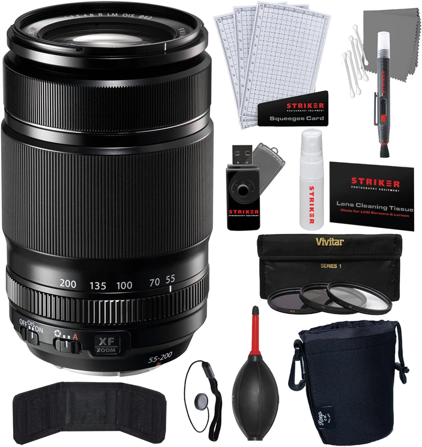 Fujifilm XF 55-200mm f/3.5-4.8 R LM OIS + Photo Starter Kit |11 Pieces + 3-Piece Multi-Coated HD Filter Set (62mm UV/CPL/ND8) + Keep Co. Lens Pouch – Extra Large