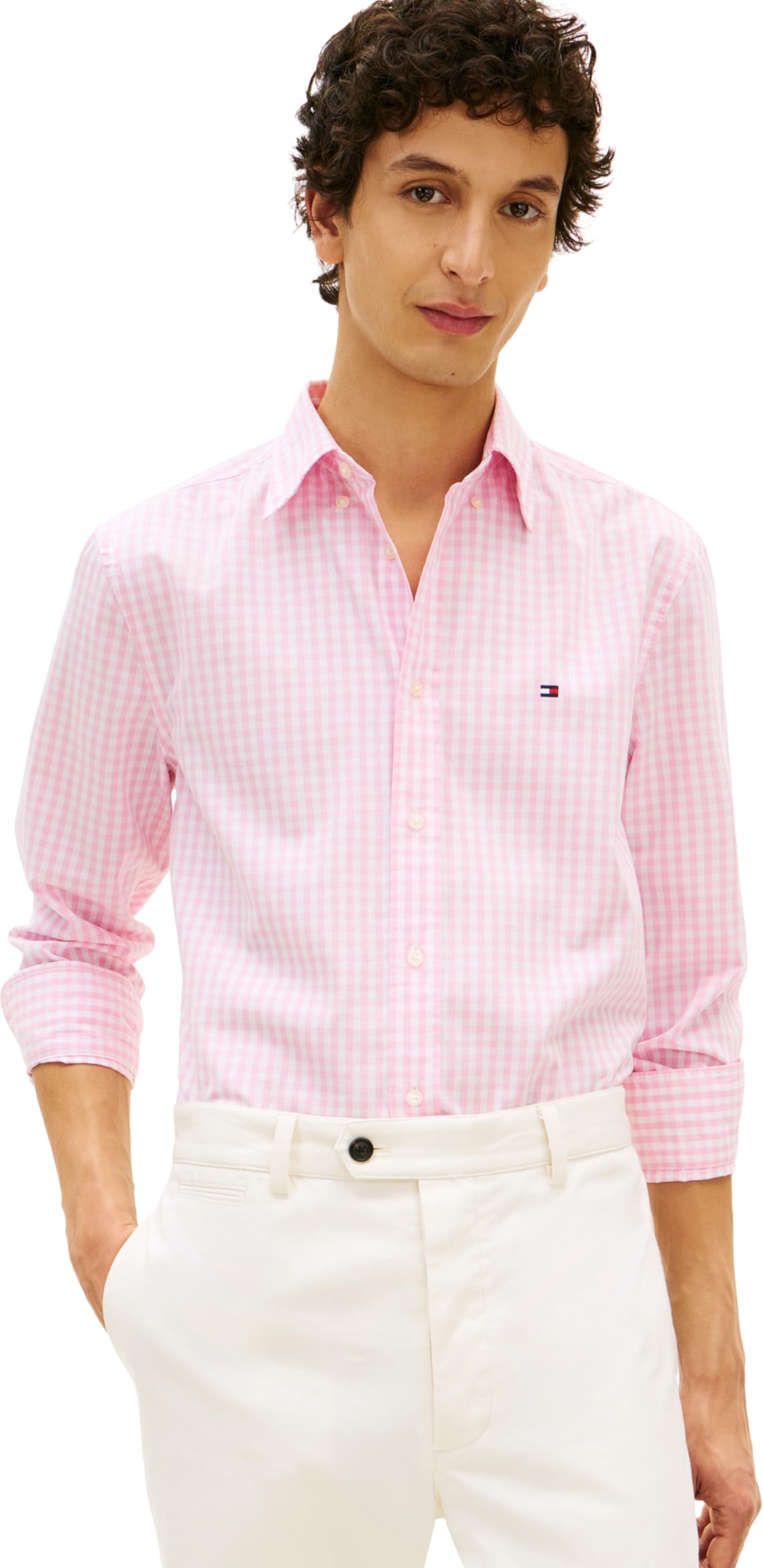 Tommy Hilfiger Men's Flex Poplin Gingham Rf Shirt Mw0Mw37548, Pink, XXL