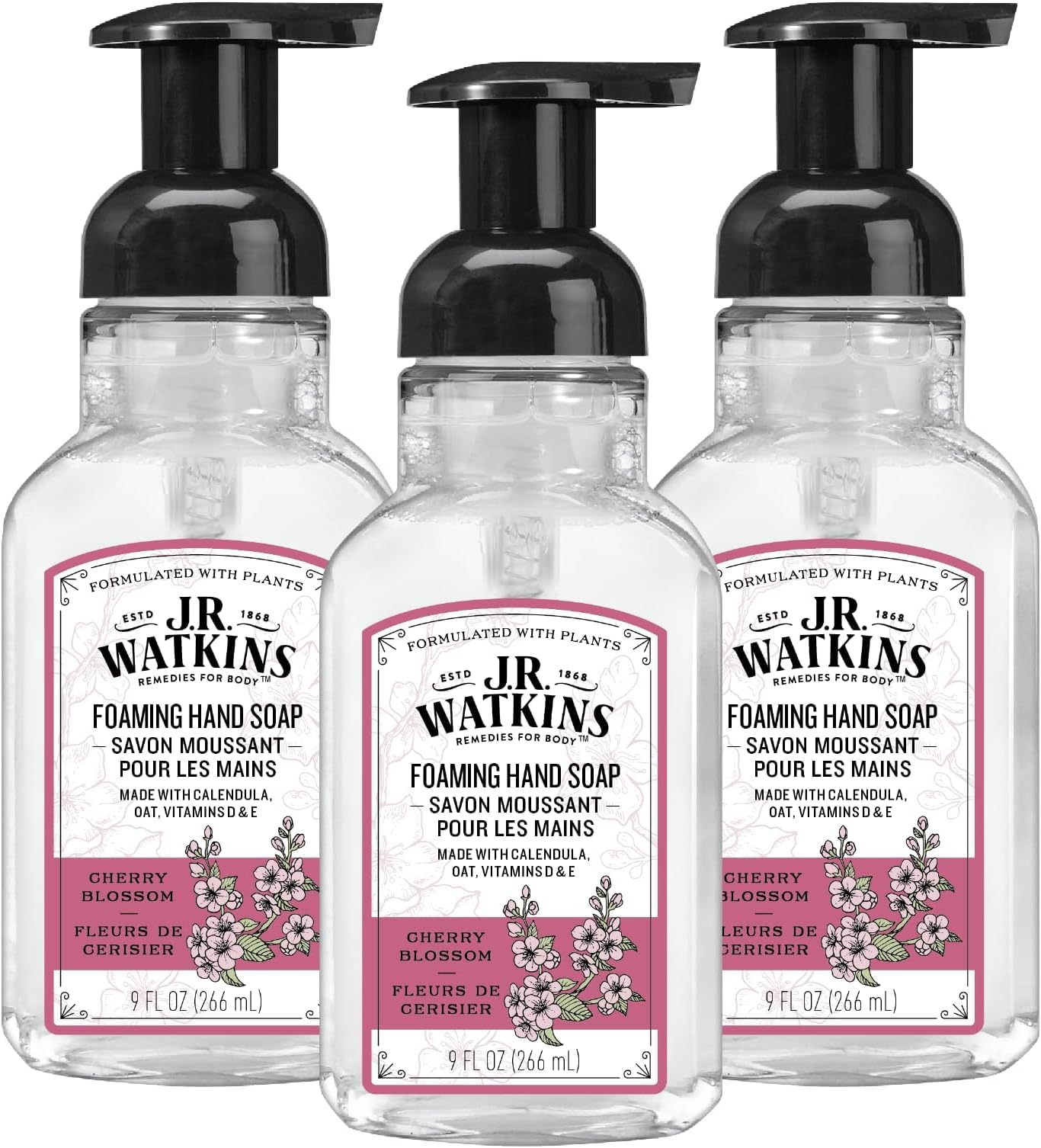 J.R. Watkins Foaming Hand Soap Pump with Dispenser, Moisturizing All Natural Hand Soap Foam, Alcohol-Free, Cruelty-Free, USA Made, Use as Kitchen or Bathroom Soap, Cherry Blossom, 9 fl oz, 15 Pack