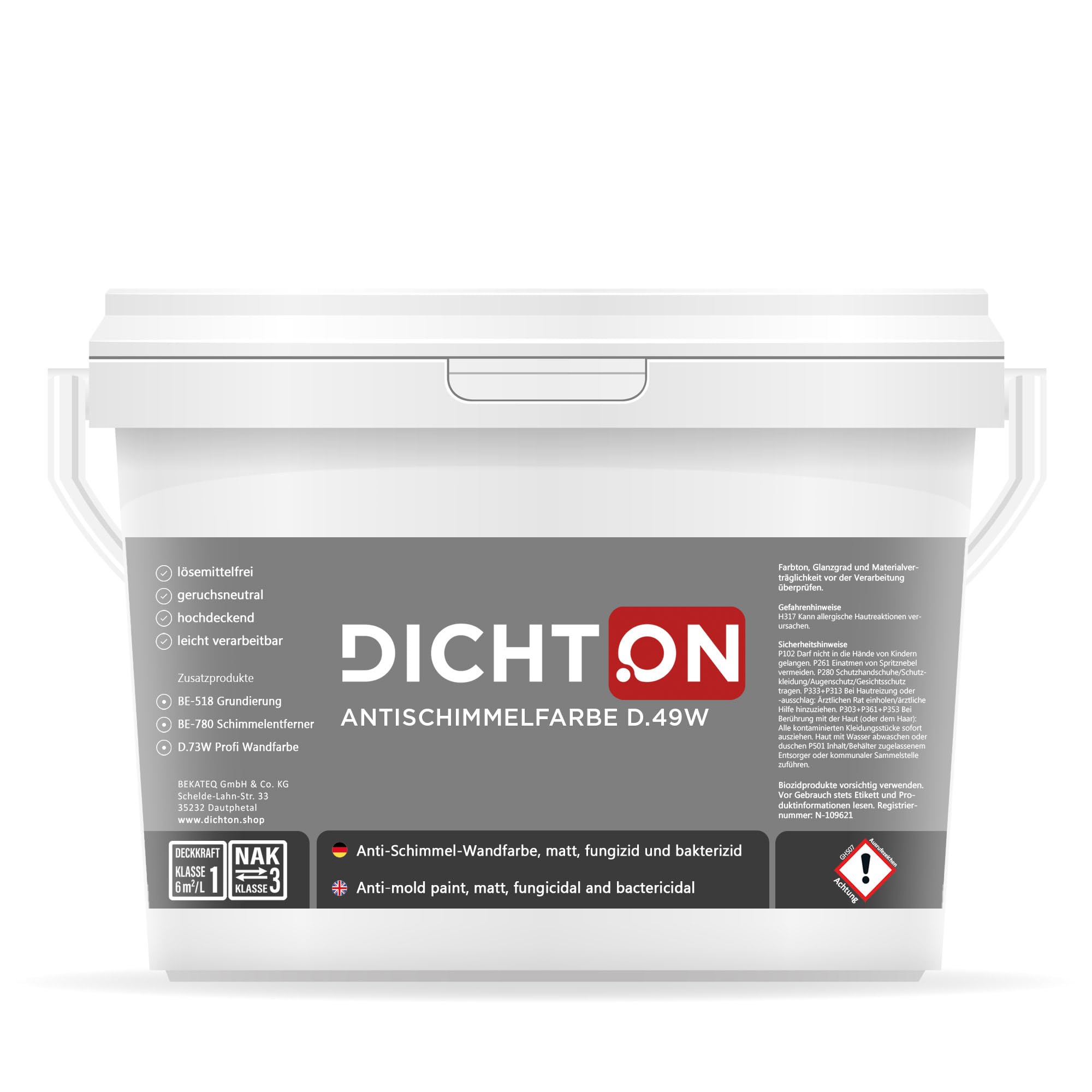 DICHTON Anti Schimmel Farbe 5l weiß matt - Feuchtraumfarbe, Antischimmelfarbe, Wandfarbe mit hoher Deckkraft und Reichweite, lösemittel- und weichmacherfrei, atmungsaktiv D.49W