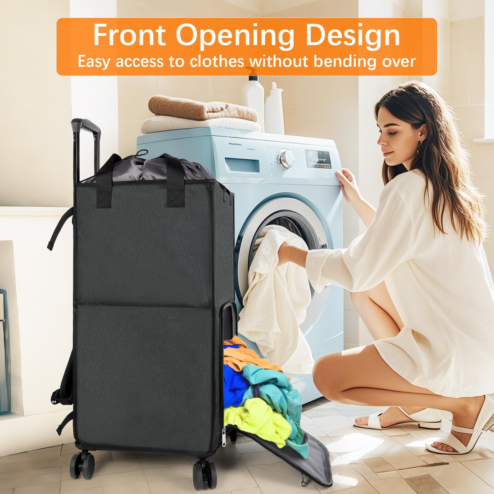 Bukere Zaino portabiancheria extra large 3 in 1 con ruote, cesto portabiancheria autoportante da 90 l, cesto portabiancheria pieghevole con carrello rimovibile per dormitorio universitario