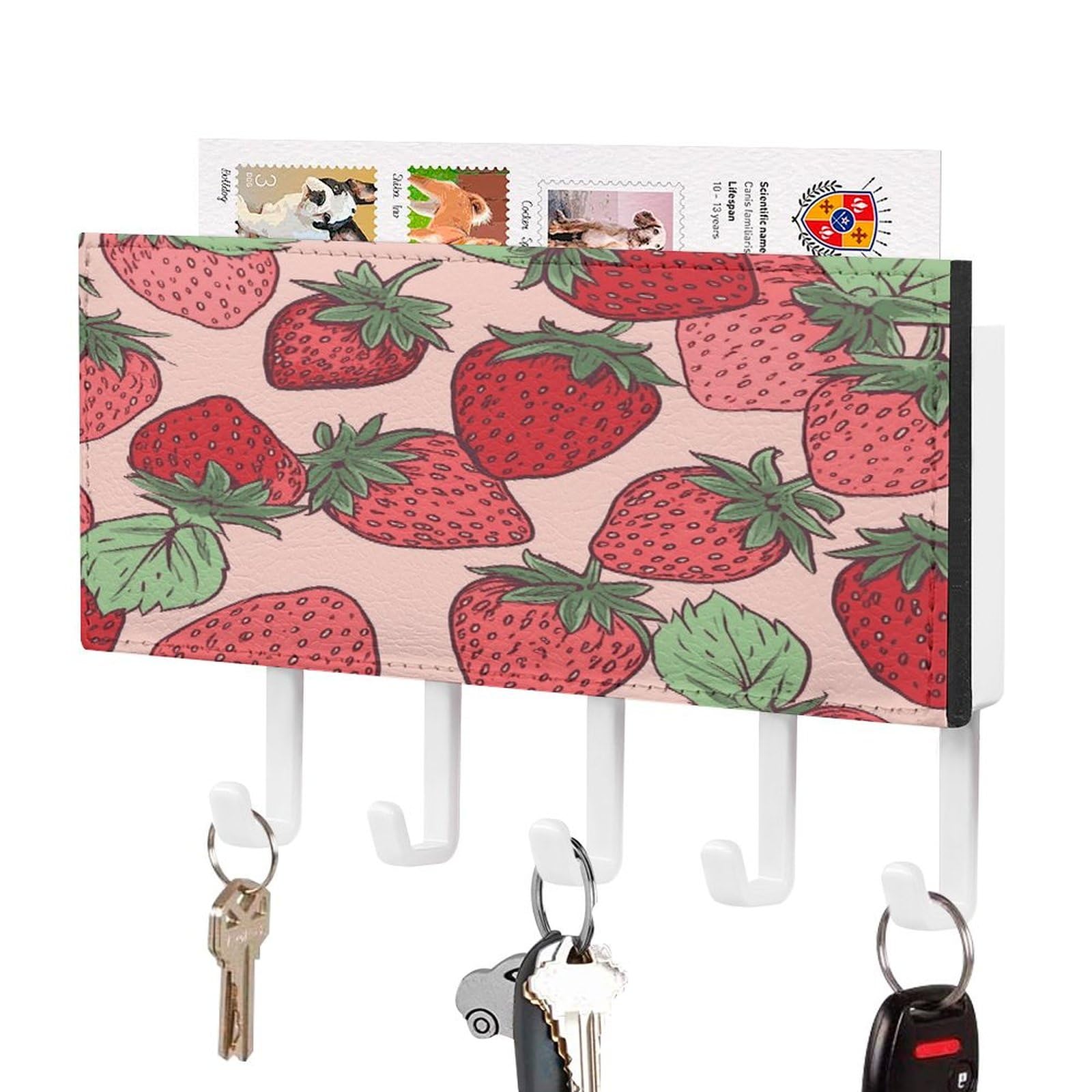 QWNMD Key Holder for Wall Key Hooks Strawberry Pattern Printed Key Rack with 5 Hooks Wall Mounted Key Holder for Hallway Self Adhesive Key Rack