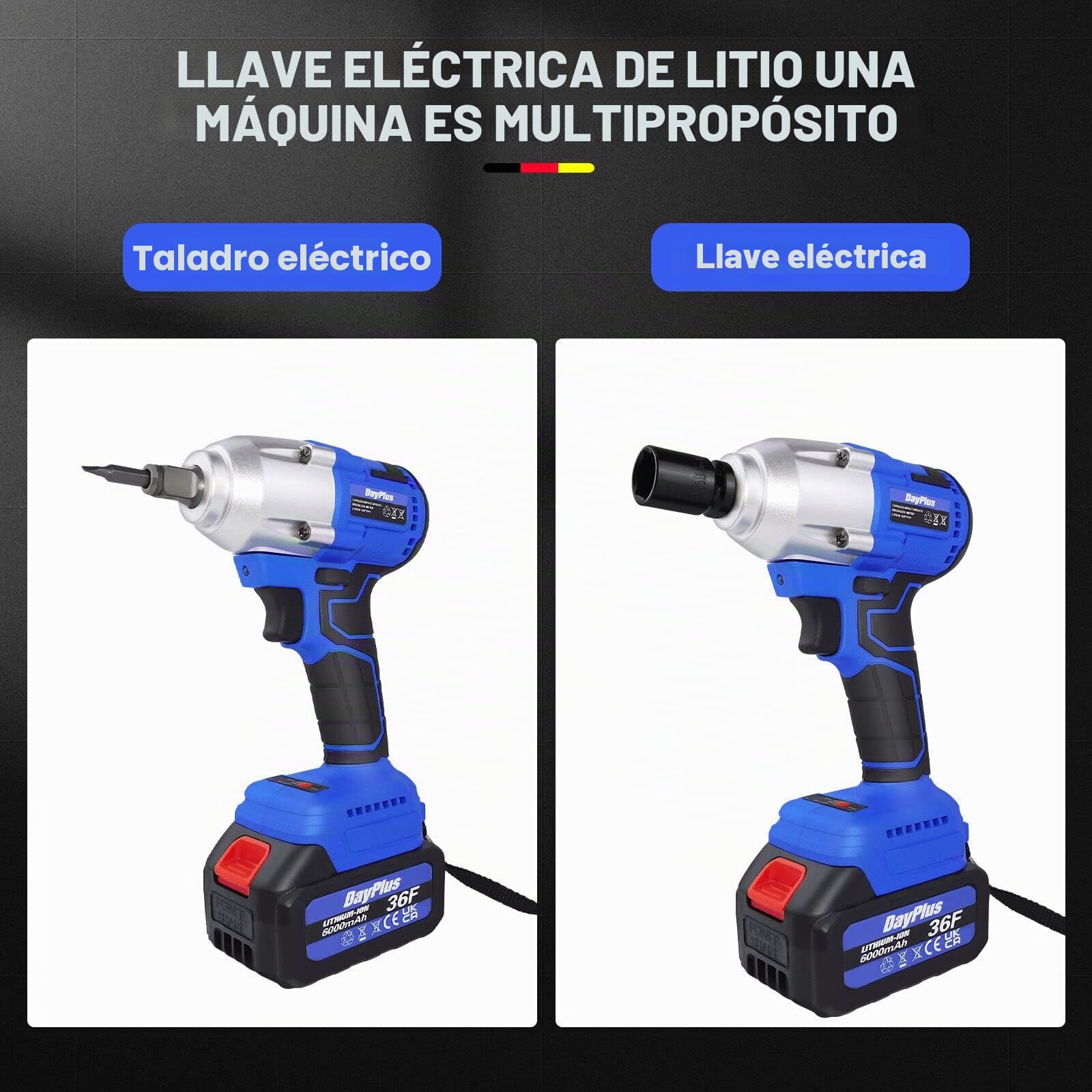 DayPlus Atornillador de impacto con batería de 18 V con 1 batería de 6,0 Ah, 420 Nm, atornillador de impacto giratorio para cambiar neumáticos, 3200 rpm, luz LED, 4 enchufes hembra de 14/17/19/22 mm,