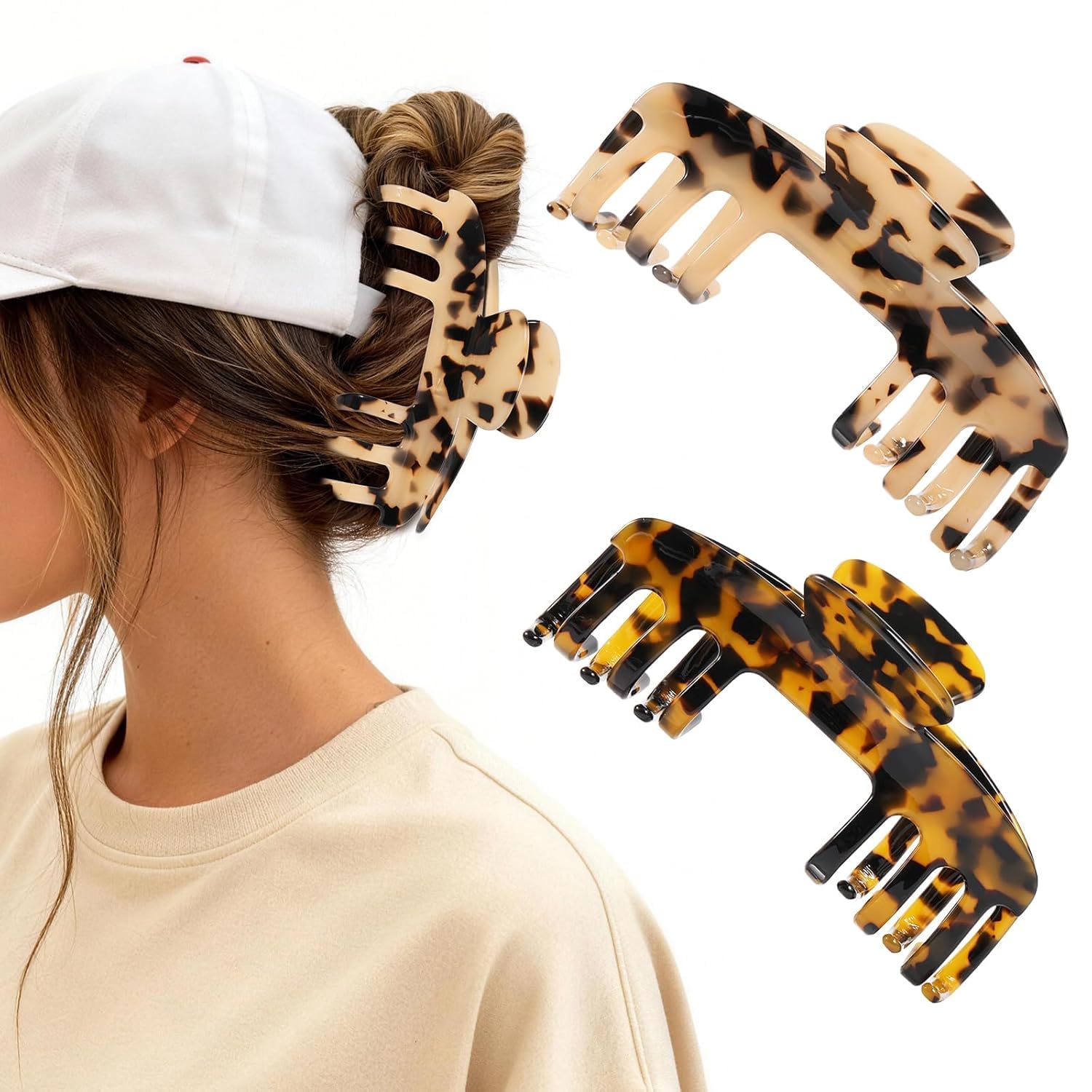 Photo 1 of 2 Pcs Large Hat Claw Clips for Women, Trucker Hat Hair Clips for Baseball Cap, Acetate Tortoise Shell Non-Slip Strong Hold Hair Claw Clips, Fit for Thin Hair Hat Hairstyles, Gifts Hair Accessories