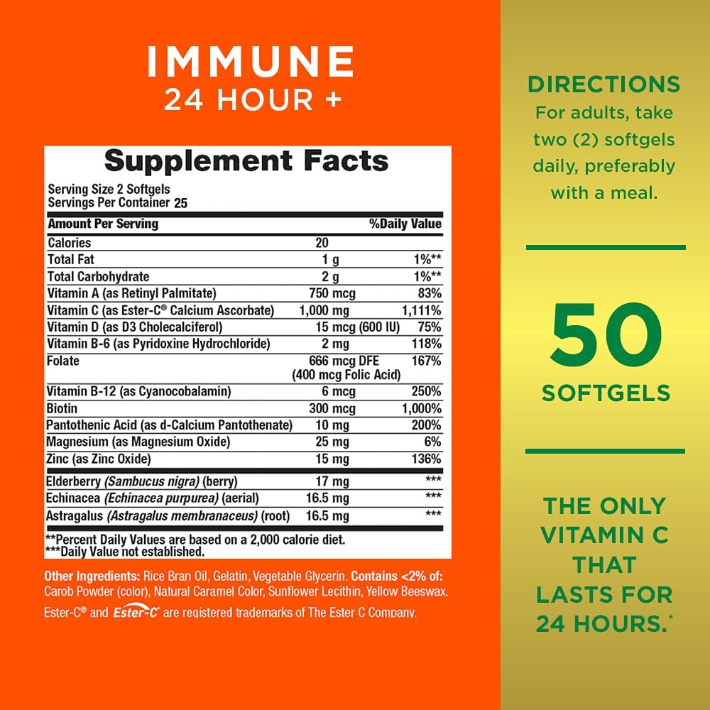 Nature's Bounty Immune 24 Hour +, The only Vitamin C with 24 Hour Immune Support from Ester C, Rapid Release Softgels
