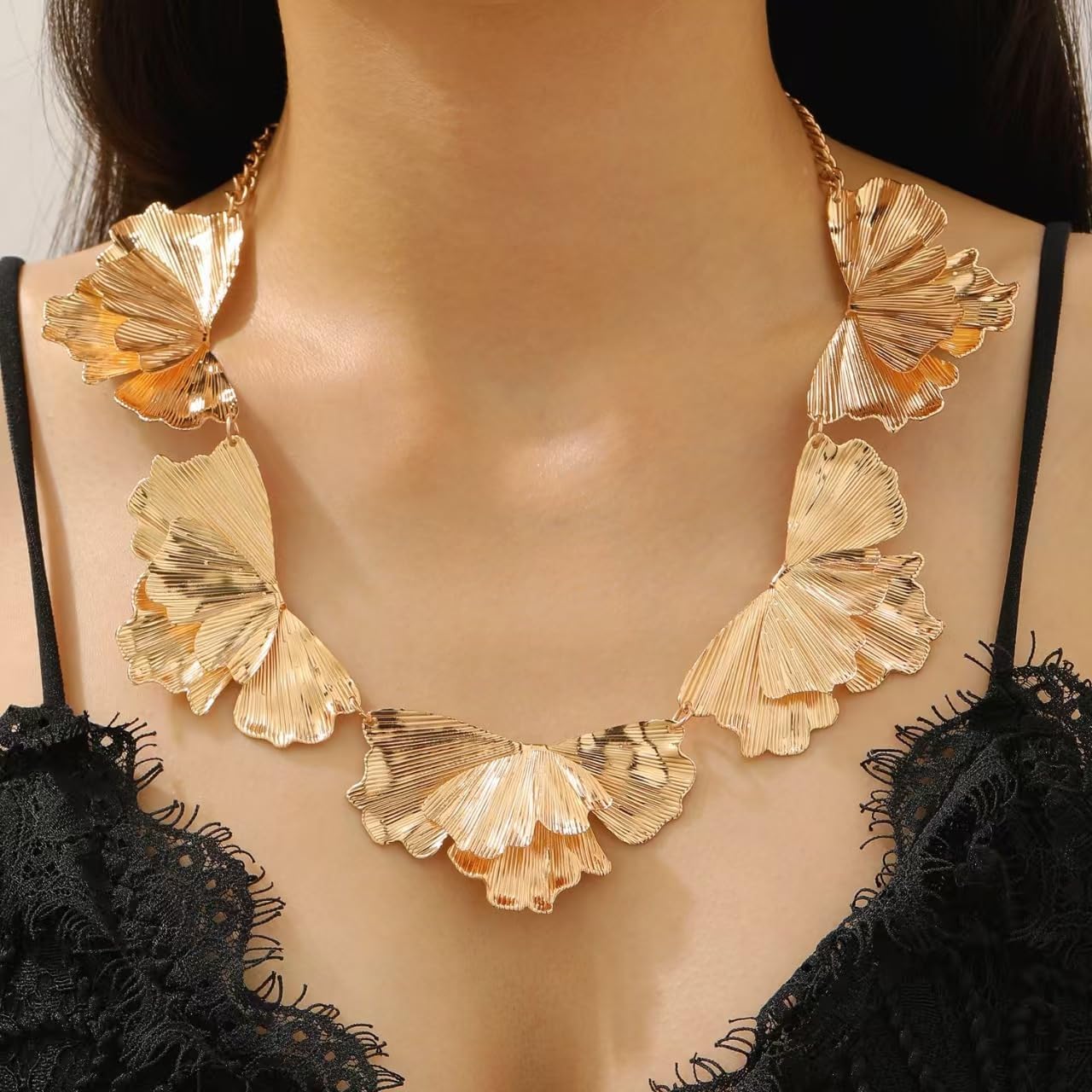 Jewelry Set for Women Irregular Geometric Flower Necklace and Leaf Earring Set Chunky Statement Necklace Sectored Petal Necklaces Jewelry - Image 4