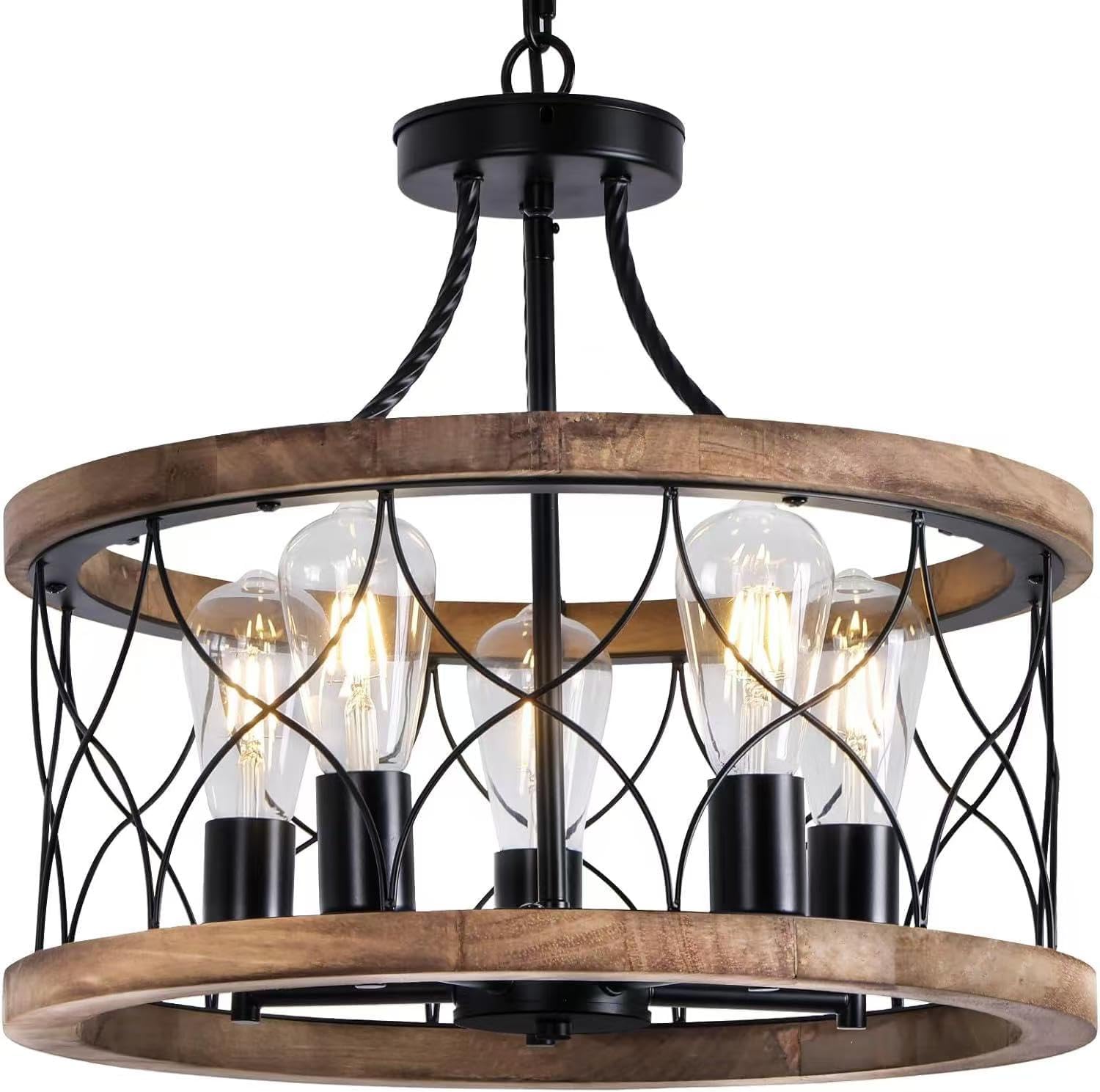 5-Light Wood Farmhouse Chandelier for Dining Room,18" Rustic Drum Chandelier Light Fixtures with for Kitchen Island Entryway, Nature Wood Texture and Metal Frame Finished
