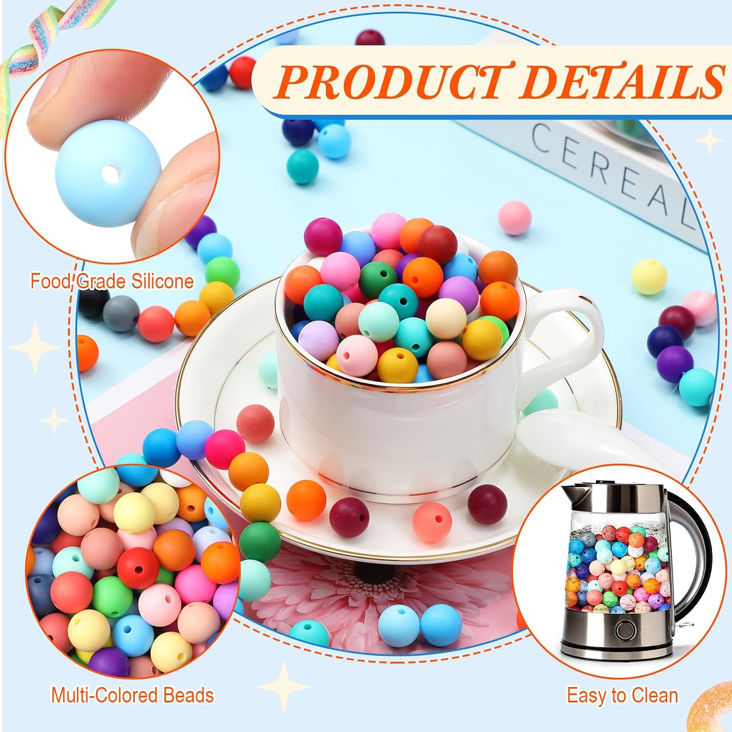 Hotop 1200 Pcs Round Silicone Beads Bulk for Keychain Making Kit 48 Colors Rubber Beads Silicone Focal Beads Loose Beads for Necklace Bracelet Lanyard Making (12 mm)