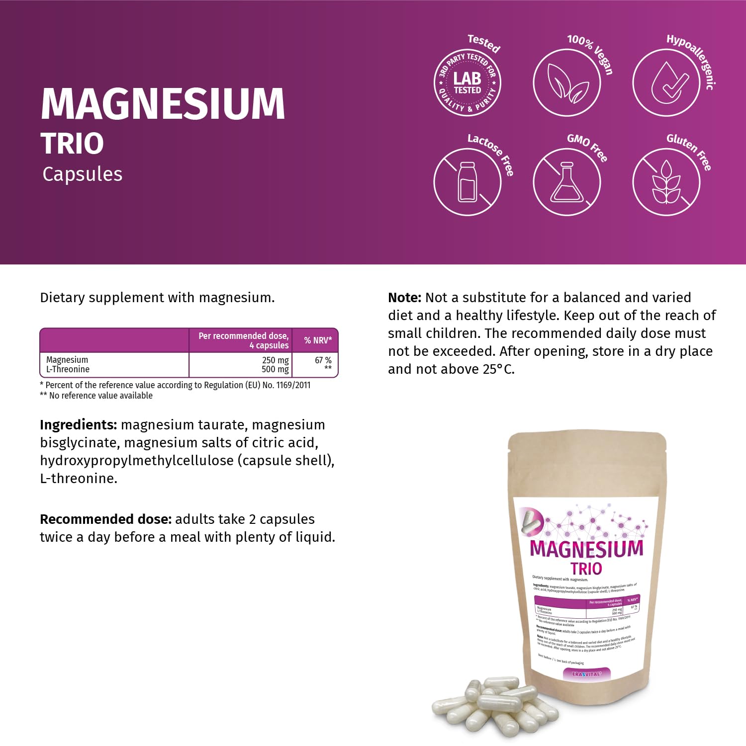 Magnesio Trio 360 cápsulas con taurato de magnesio, bisglicinato de magnesio, citral de magnesio y L-treonina, ideal para un público interesado en la salud mental.