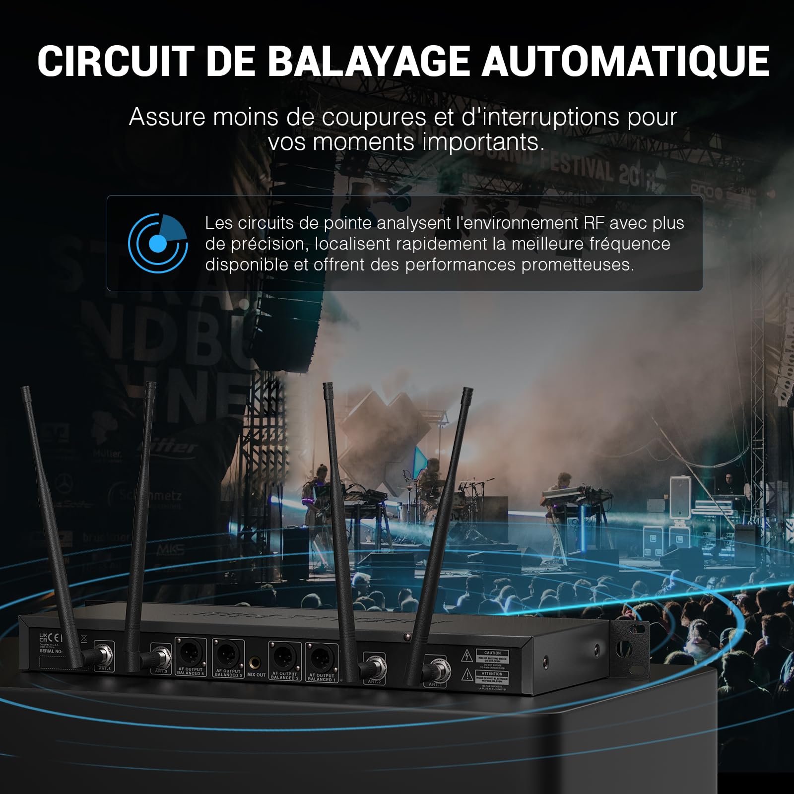 Phenyx Pro Système de Microphones sans Fil UHF 4 Canaux PTU-7000-4H | Auto Scan, 4 Micros main dynamiques, 4 x 40 fréquences, Portée 328 ft, Voix live, Services de culte, Événements karaoké