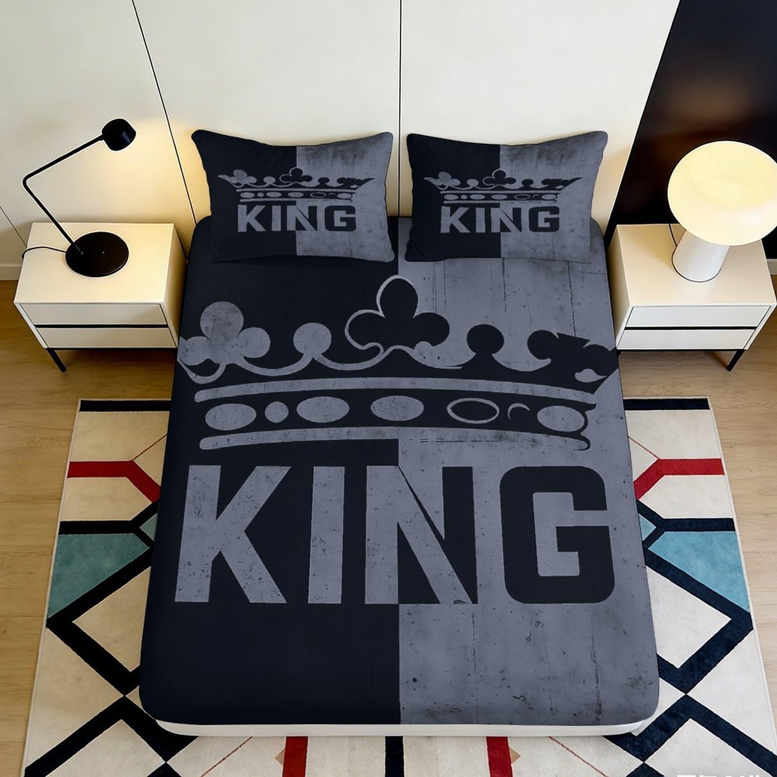 3D Printed Crown King Fitted Sheet Microfiber Black Grey Mattress Cover for Bedroom Dorm Dustproof Decor 90x200x25cm