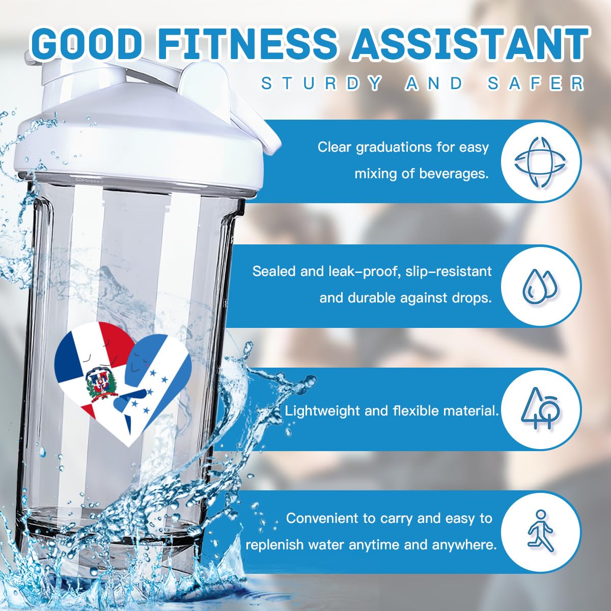 Dominican Republic Irish Heart 18 Ounce Shaker Cup,Fashion Theme Pattern Shaker Bottle Leak-proof Workout Shake Bottles 500ML/18 oz Perfect for Pre Workout