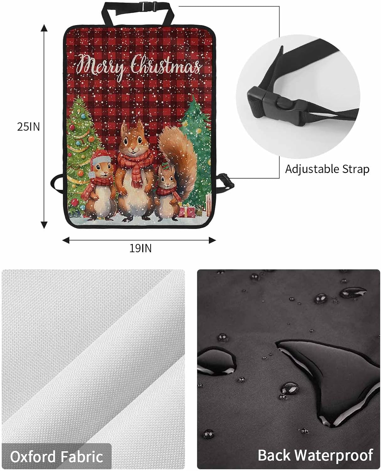 Car Seat Protector, 2 Pack Kick Mats Back Seat Protector Merry Christmas Squirrel Gifts Xmas Tree Red Buffalo Plaid Waterproof Backseat Cover for Kids Universal Fit Automotive Interior Protectors