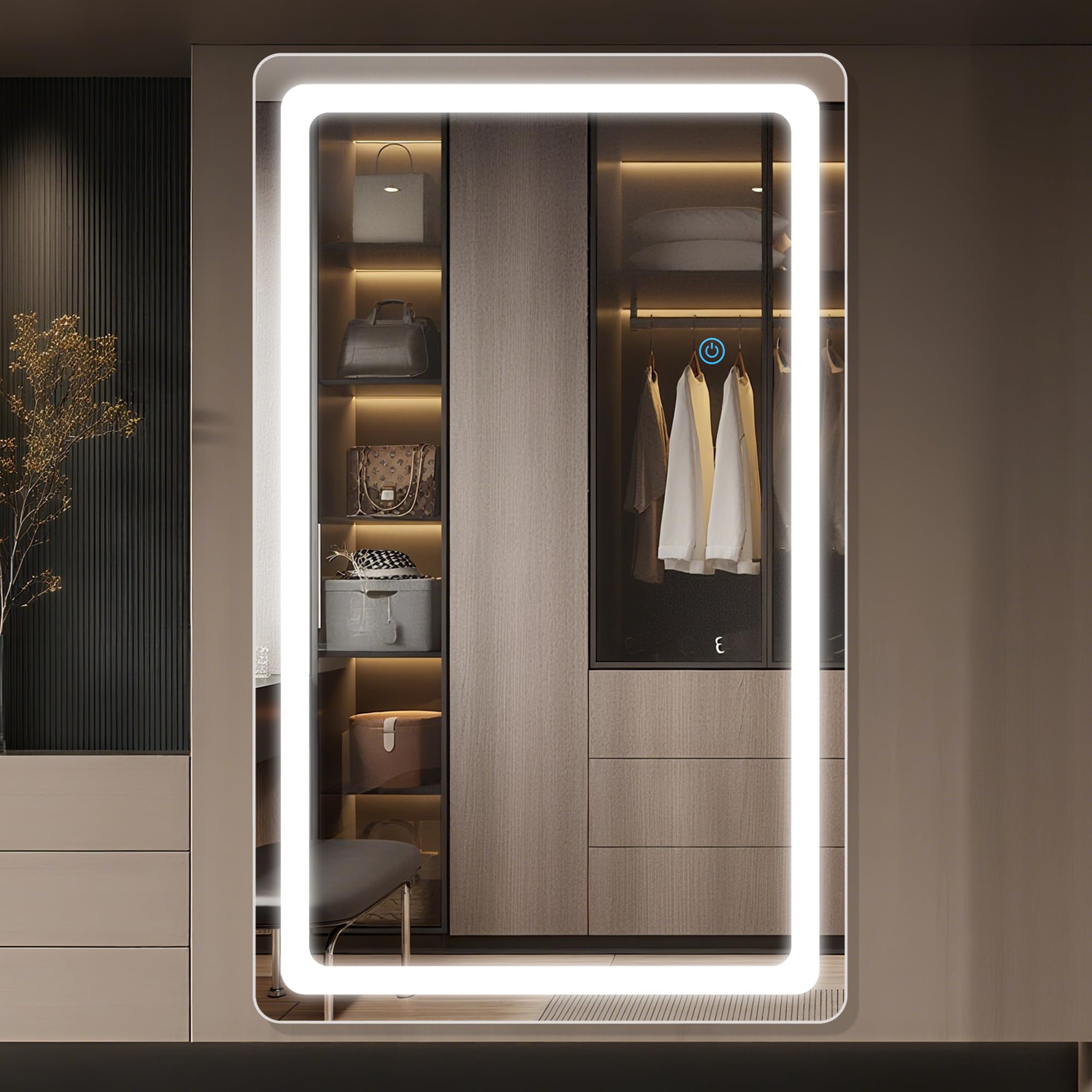 Antok LED Full Length Mirror with Light, 71"x28" Lighted Full Body Mirror with Stand, Dimmable & 3 Color Lighting Standing/Leaning/Wall Mounted Vanity Mirror for Bedroom Cloakroom Livingroom(Rect): 72"L x 44"W Rect Style White