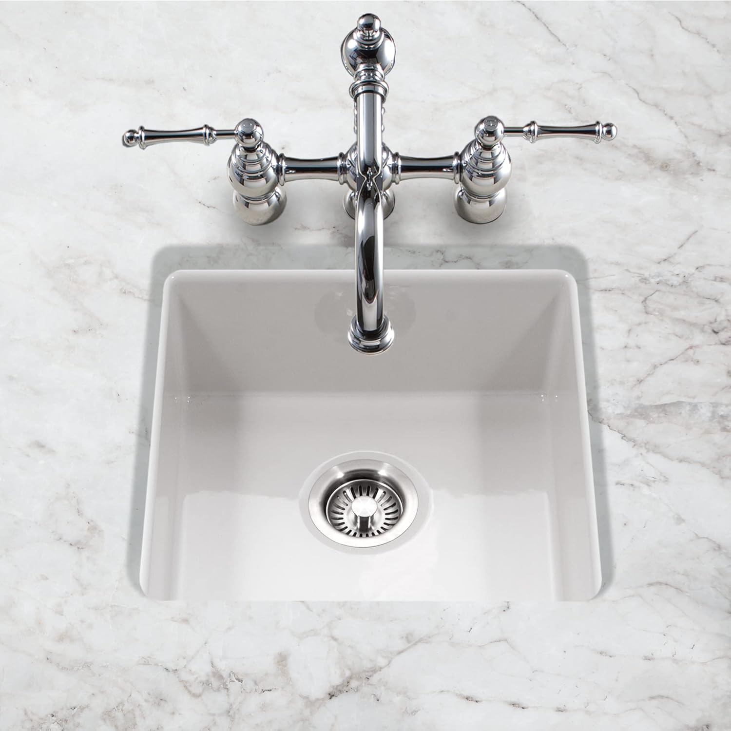 Houzer PTB-2020 WH Platus 20 inch Fireclay Kitchen Sink, Undermount, Square Single Bowl Bar Sink, Non Porous Surface Impervious to Cracks and Chips, White