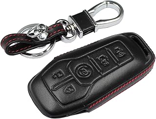 M.JVisun Real Genuine Leather Key Fob Cover for Ford Edge Explorer F-150 F-250 F-350 F-450 F-550 Fusion Mondeo Mustang Taurus / for Lincoln MKC MKS MKX MKZ Car Remote Key Case with Keychain - Black