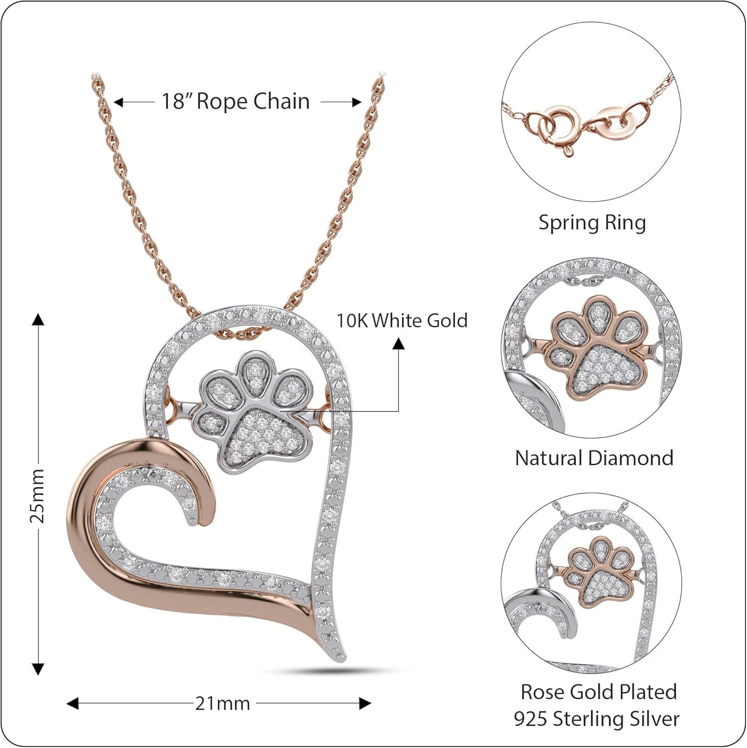 AFFY Paw Print Dog Cat Heart Pendant Necklace, 925 Sterling Silver & 10K Solid Gold Natural Diamond, Two Tone Heart Necklace for Pet Lovers, Elegant Silver Gift for Her