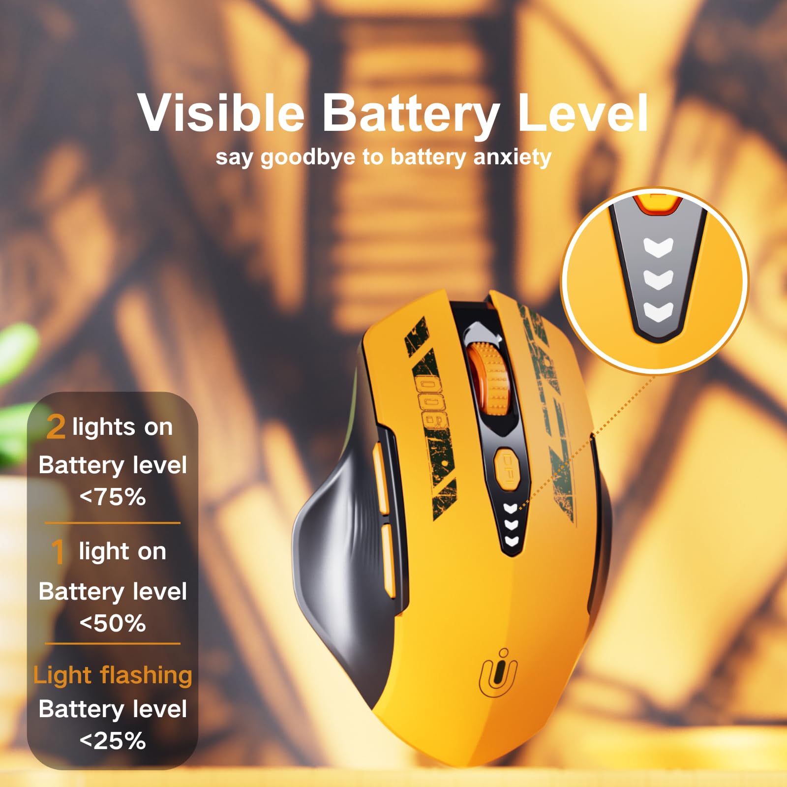 Uineer mouse wireless, [Aggiornato] mouse bluetooth multi-dispositivo, Livello batteria visibile, Tri-mode (BT 5.0/4.0+2.4G Hz) Mouse ergonomico ricaricabile, 4 DPI regolabili, mouse senza fili,giallo