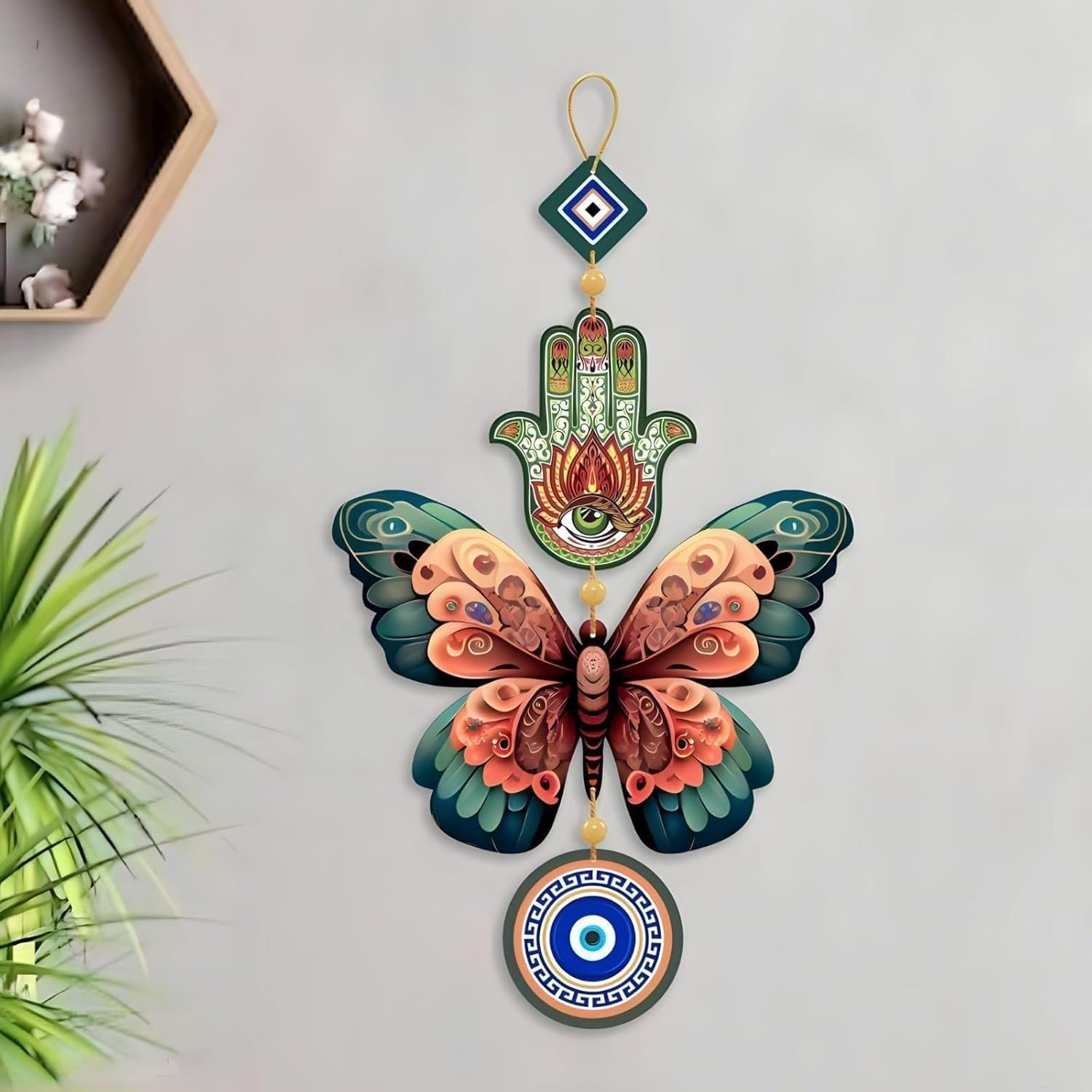 Decorative Wall Hanging for Door Entrance, Butterfly Evil Eye Wall Hanging for Protection and Elegance Home Decor, Unique Design Nazar Battu/Suraksha Kawach (Pack of 1) - Engineered Wood- Green
