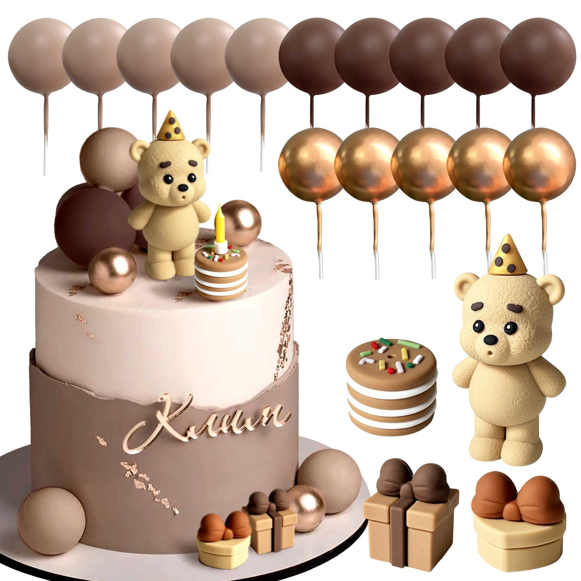 Roaring Good Time Pluszowy miś dekoracja tortu, chrzest, chłopiec, dekoracja tortu dla dziewczynki w wieku 1 roku, brązowy tort, dekoracja na wesele, baby shower, urodziny (nie zawiera świec) | Pluszowy miś, dekoracja na tort chrzcinowy dla dziewczynki, 1