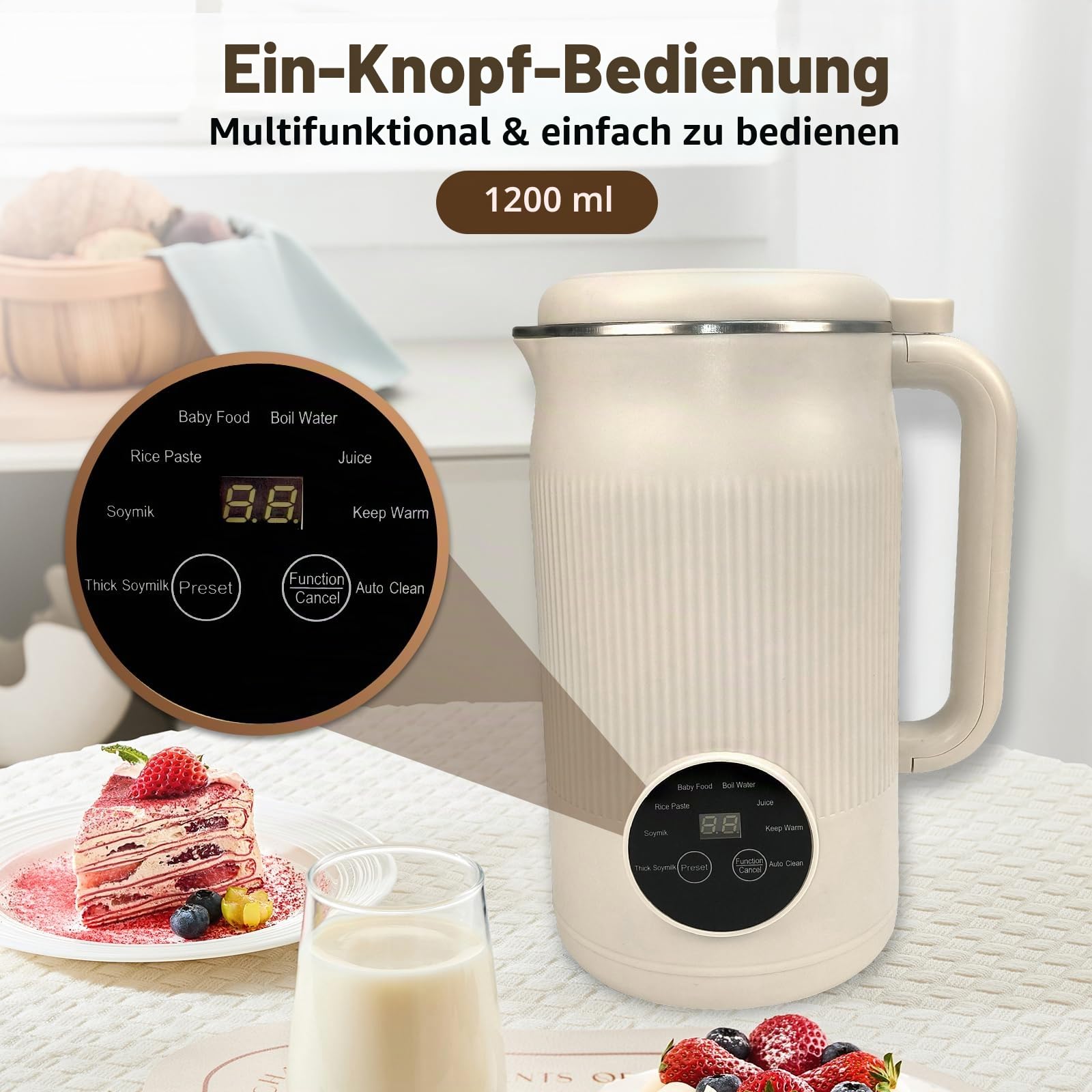 Nussmilchbereiter 8 in 1, 1200 ml Automatischer Sojamilchbereiter, Babynahrungsmaschine mit Verzögerungsstart und Warmhalten