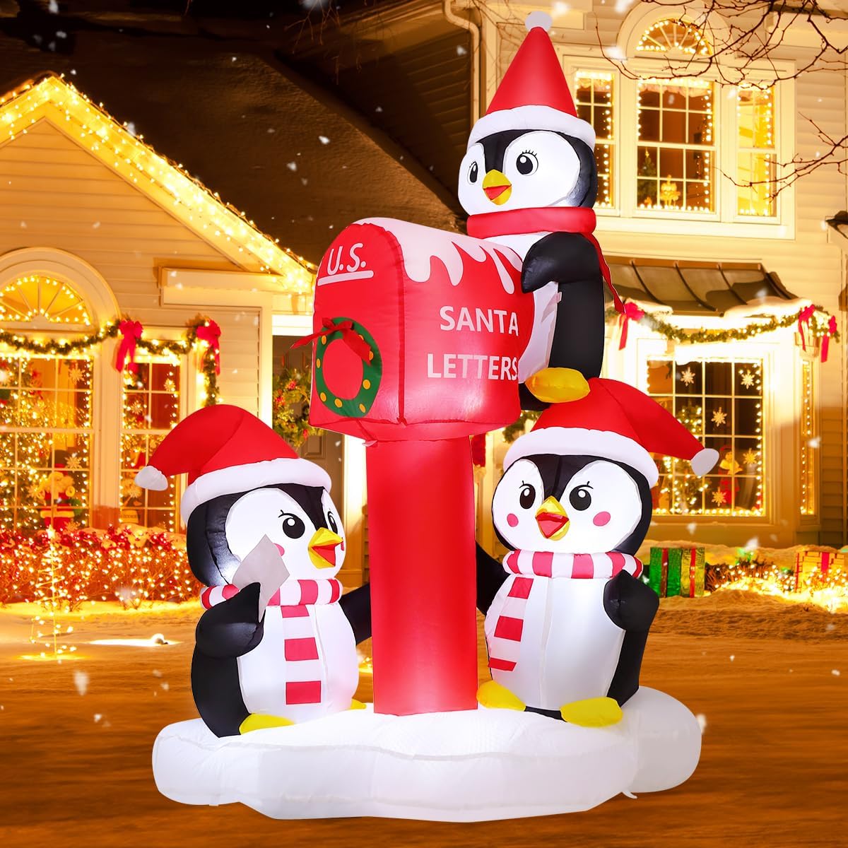 GOOSH 6.5 FT Christmas Inflatables Penguins Outdoor Decorations Blow Up Yard 3 Penguins and Santa Letter Box with Built-in LEDs for Xmas Holiday Party Indoor Garden Lawn Decor