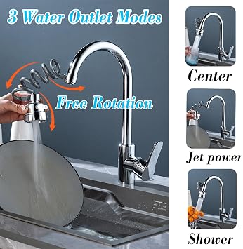 Faucet Sprayer Attachment,Kitchen Sink Sprayer, Sink Sprayer Attachment for Faucet,Kitchen Faucet Sprayer Attachment with Stretchable Hose, Faucet Extender for Kitchen Sink with 3 Water Outlet Modes
