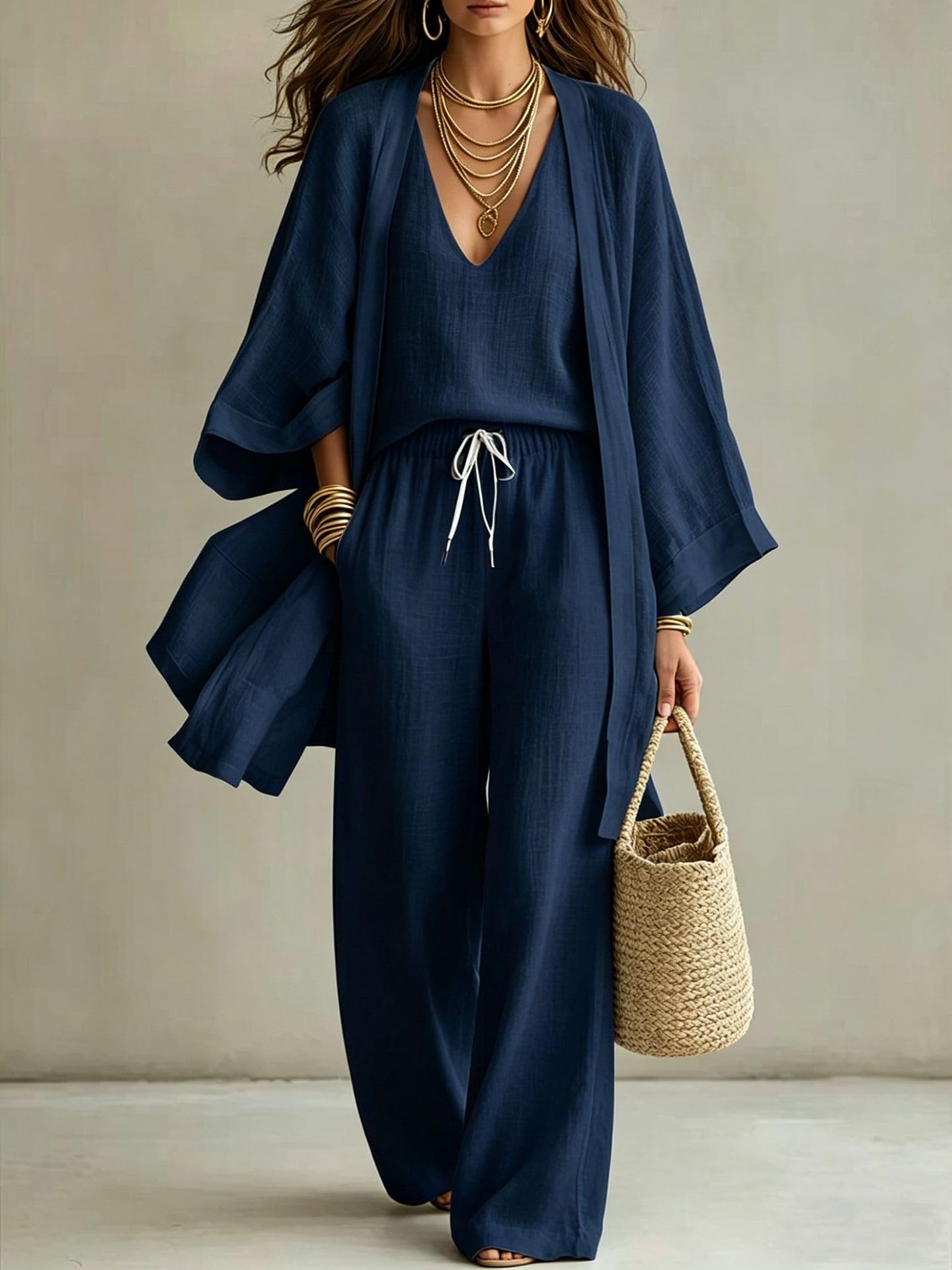 Completo da Donna In 3 Pezzi Di Lino Bianco: Cardigan Kimono Aperto Sul Davanti, Top A Canotta con Scollo A V E Pantaloni A Gamba Larga con Coulisse. Set Coordinato Estivo Casual per Le Vac