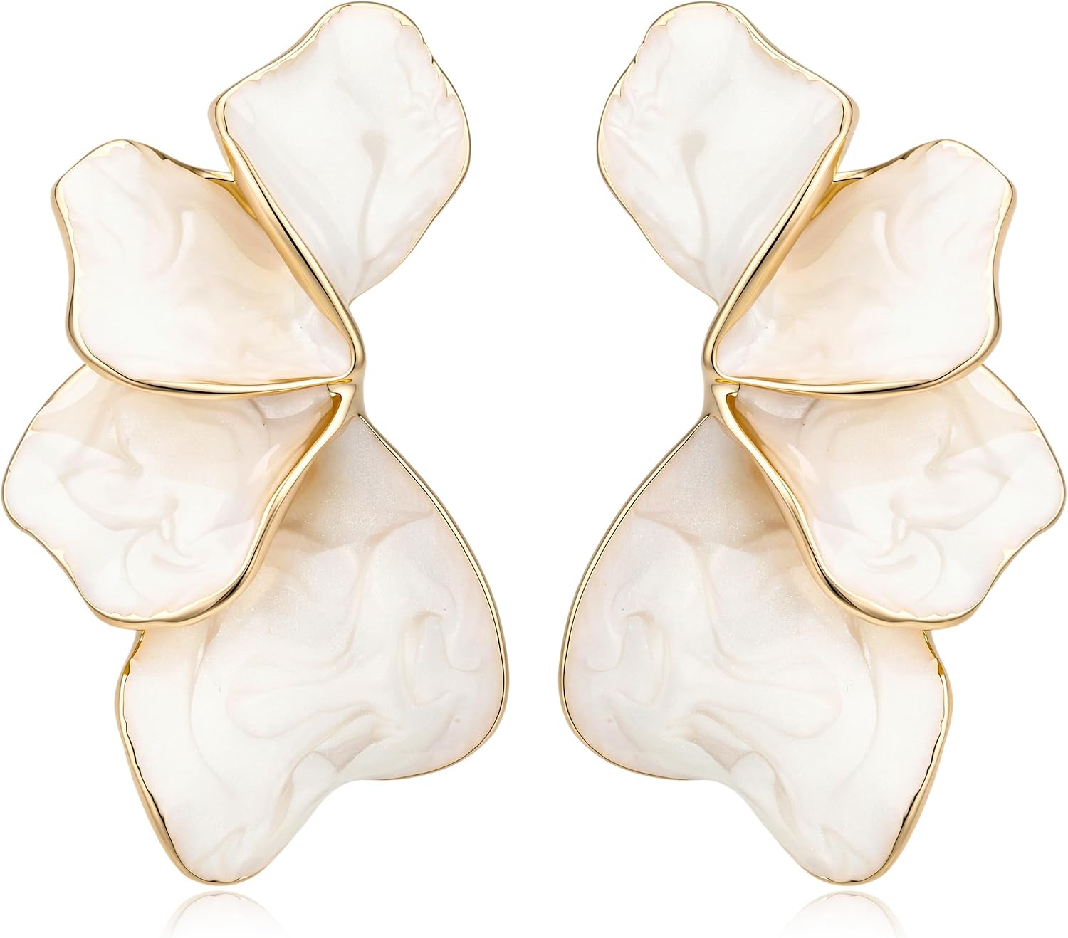 Flower Leaf Dangle Stud Earrings for Women, Trendy Hypoallergenic Gold Plated Handmade Enamel Tropical Sectored Floral Petal Statement Fancy Vacation Colorful Earrings Jewelry Gifts