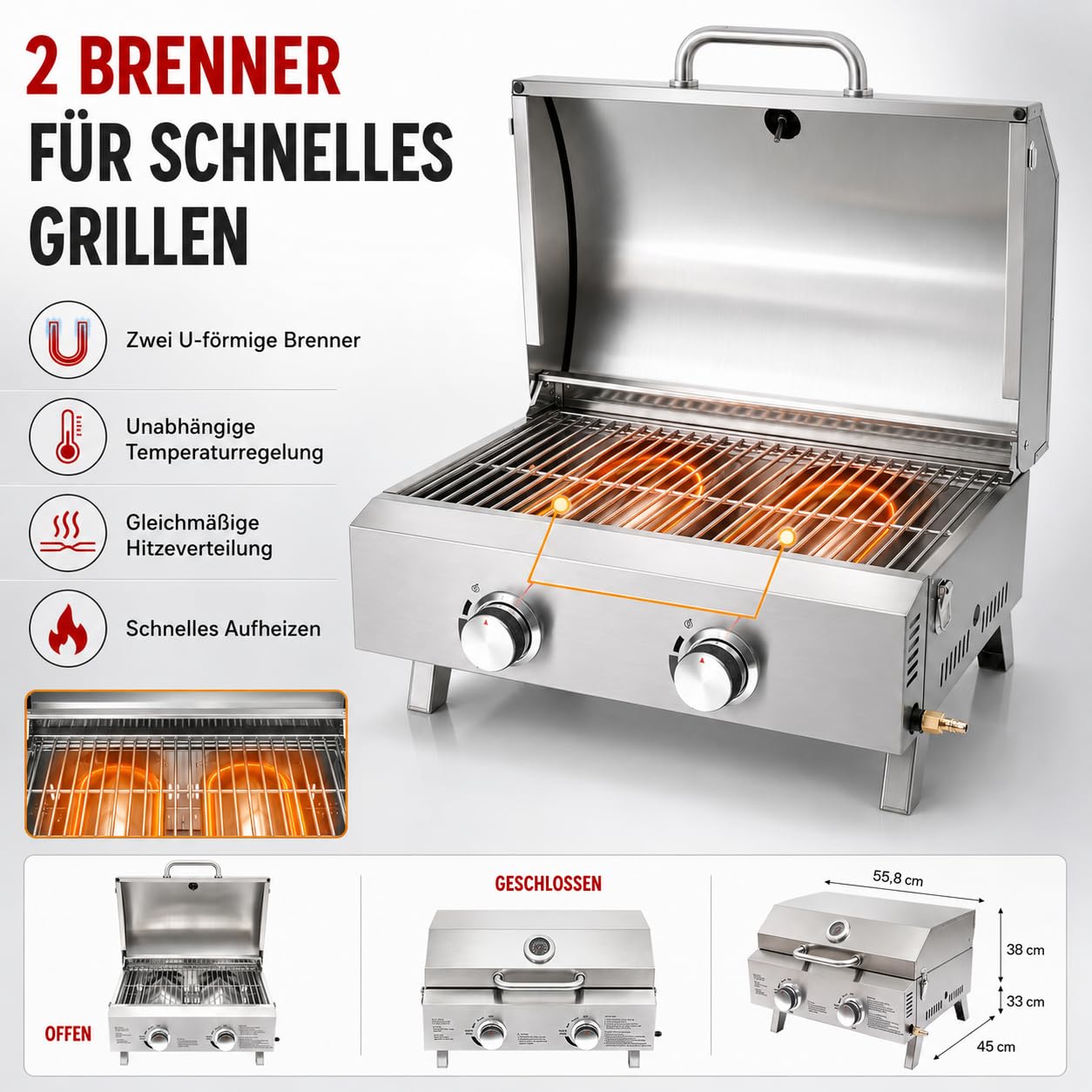 Grill gazowy, 2 palniki, kompaktowy grill gazowy ze stali nierdzewnej, przenośny, kempingowy grill gazowy LPG z rusztem do grillowania, termometrem i kamieniem do pizzy, do ogrodu, na taras, piknik i