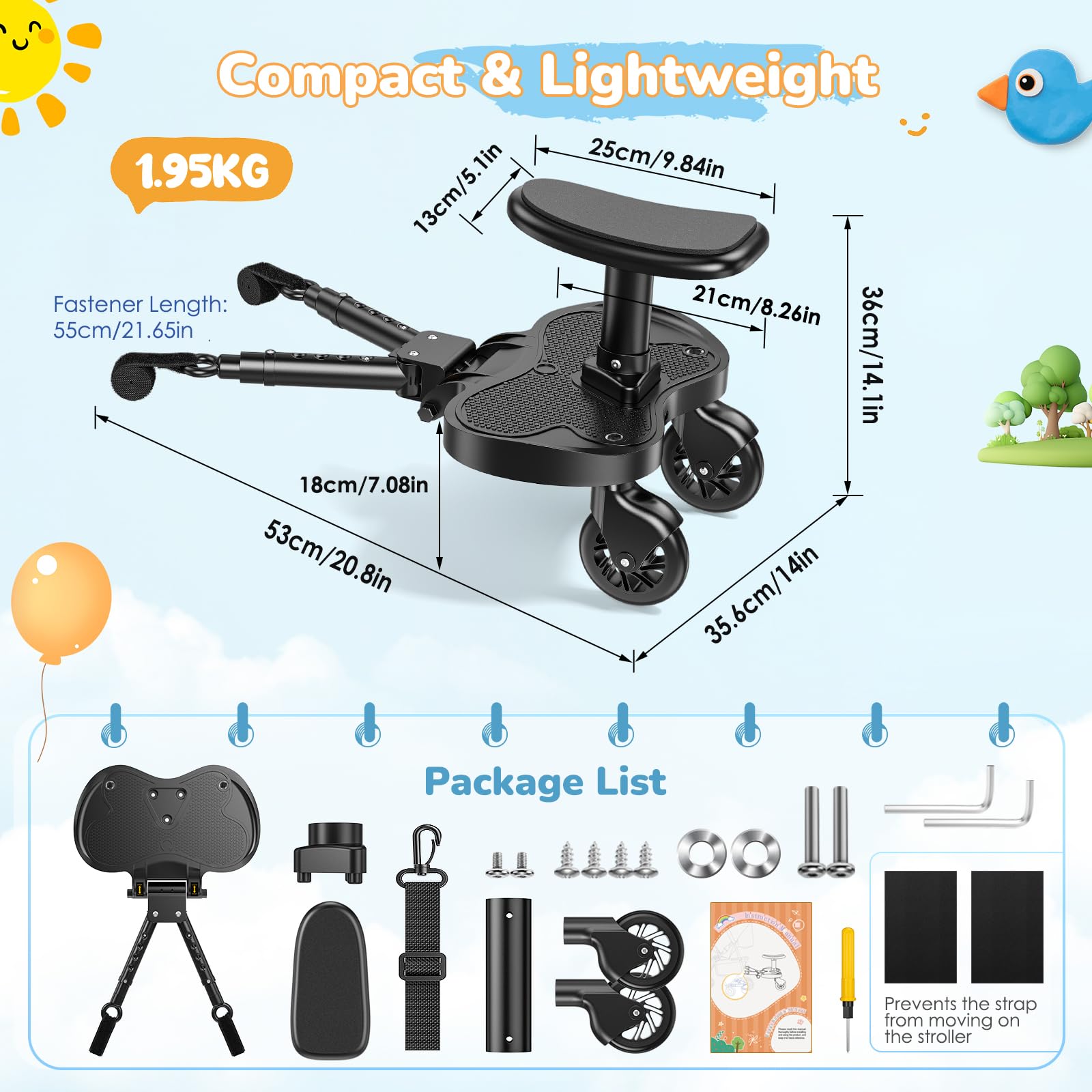Pedana Passeggino Universale con Sedile più Grande, Buggy board per Bambini 2-6 Anni (25KG), Adatta al 99% dei Passeggini, Montaggio Facile, Ideale per Famiglie con Due Bambini (Nero)