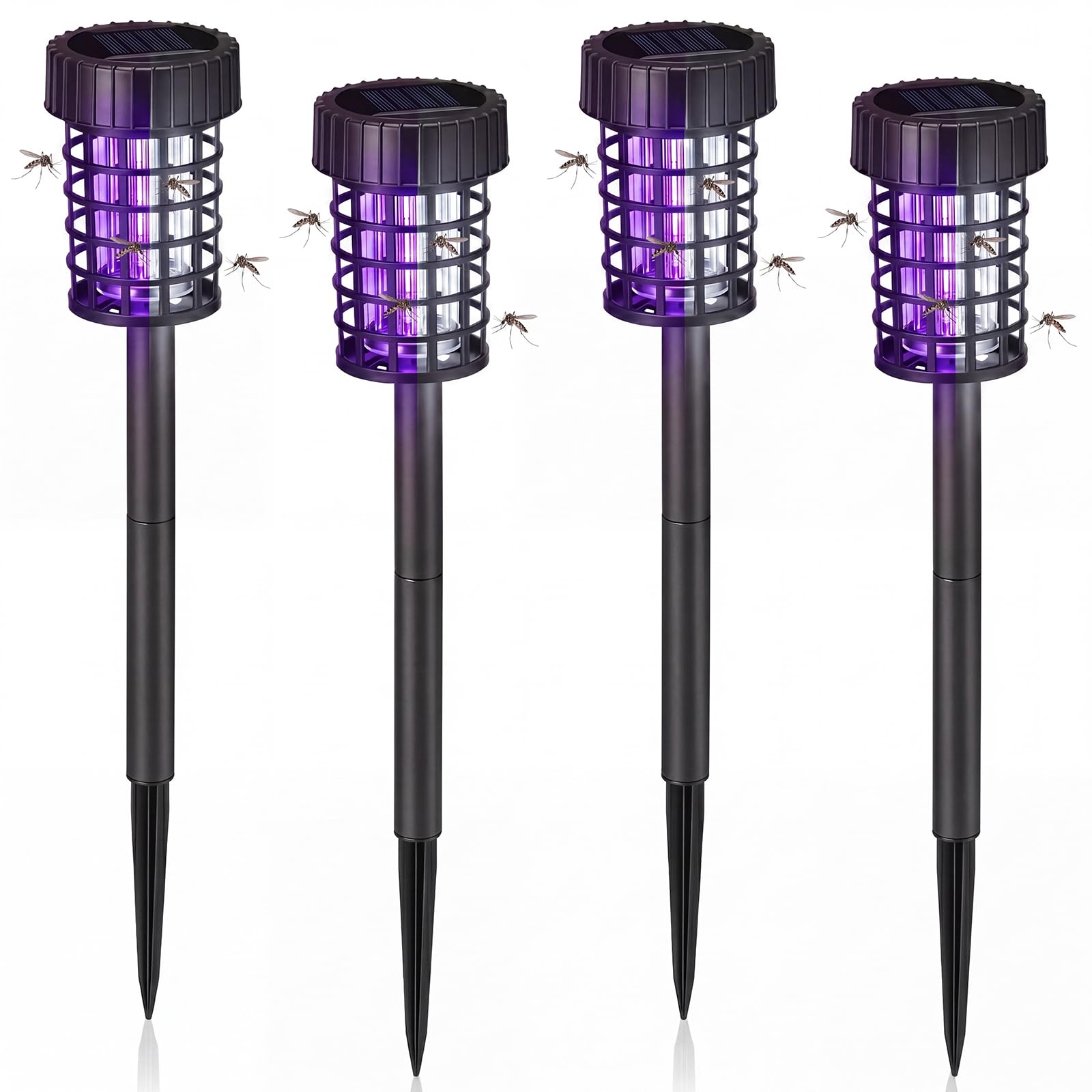 Qualirey Confezione da 4 lampade a energia solare per esterni, impermeabili, repellenti per zanzare, con luce LED, per esterni, giardino, patio, cortile (luce bianca e viola, nero)