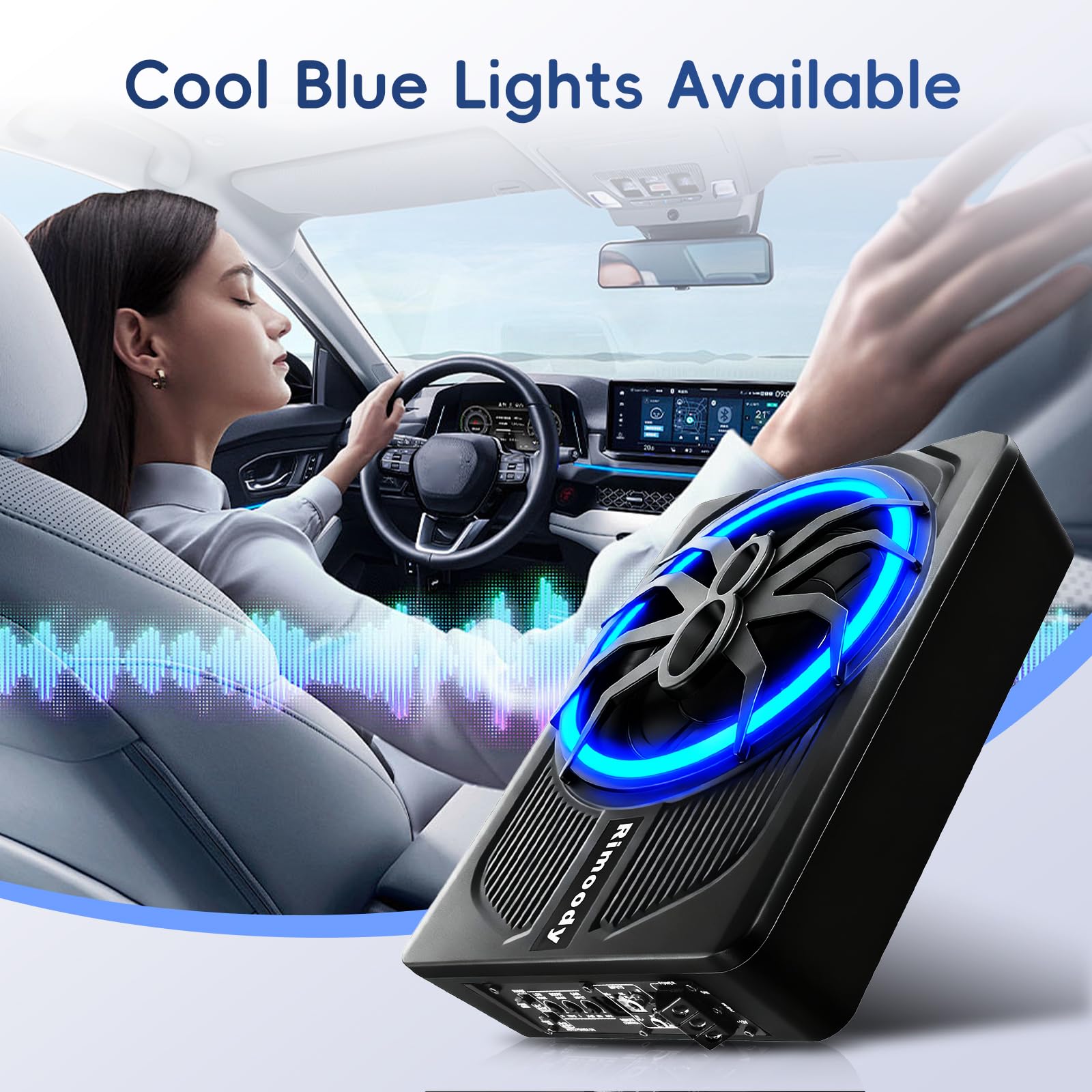 Rimoody Subwoofer Coche, Subwoofer Activo de Perfil Delgado 10 Pulgadas para Coche - 1000W Potencia Máx, 120W RMS, Bass Boost, frecuencia 50Hz-150Hz, Kit Instalación Bajo Asiento