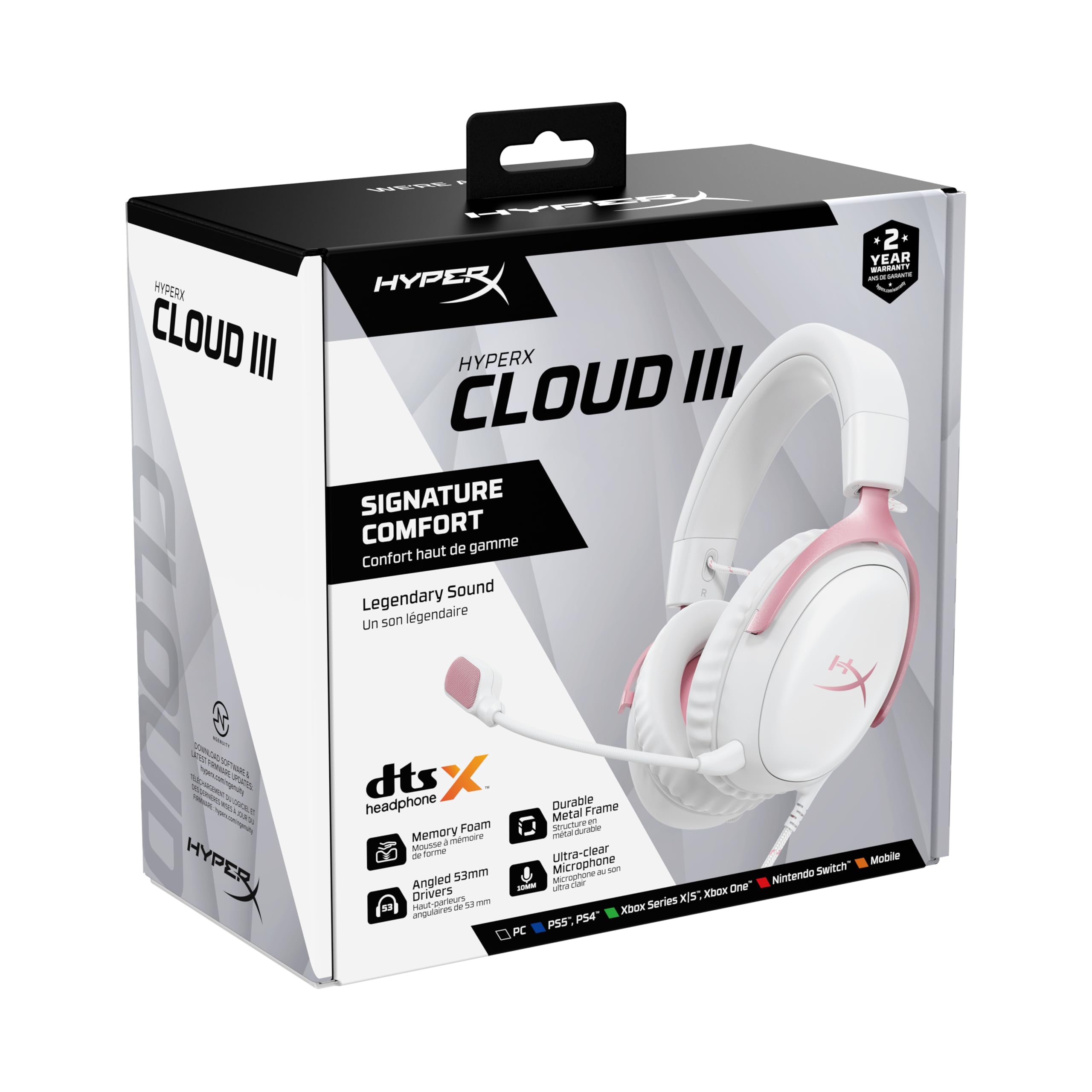 HyperX Cloud III, Casque Gaming Filaire, PC/PS5/Xbox Series X|S, DTS Headphone:X, Haut parleurs inclinés 53 mm, Micro 10 mm antibruit, USB-C/USB-A/3,5 mm, Blanc et Rose