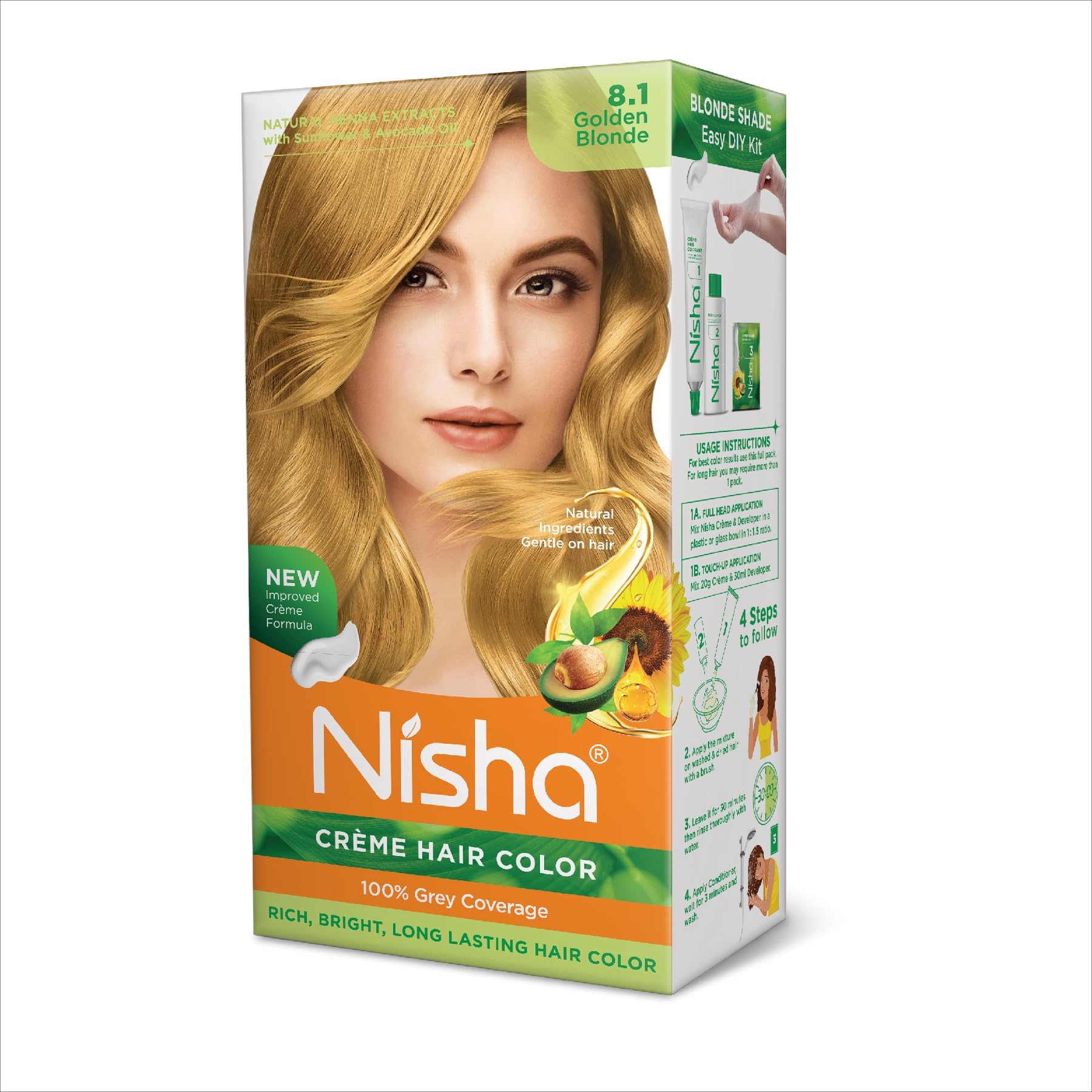 Nisha Creme Hair Color Golden Blonde, Permanent Hair Colour for Women Men, Ultra Soft Deep Shine, 100% Grey Coverage, 8.1 Golden Blonde Hair Colour 120gm