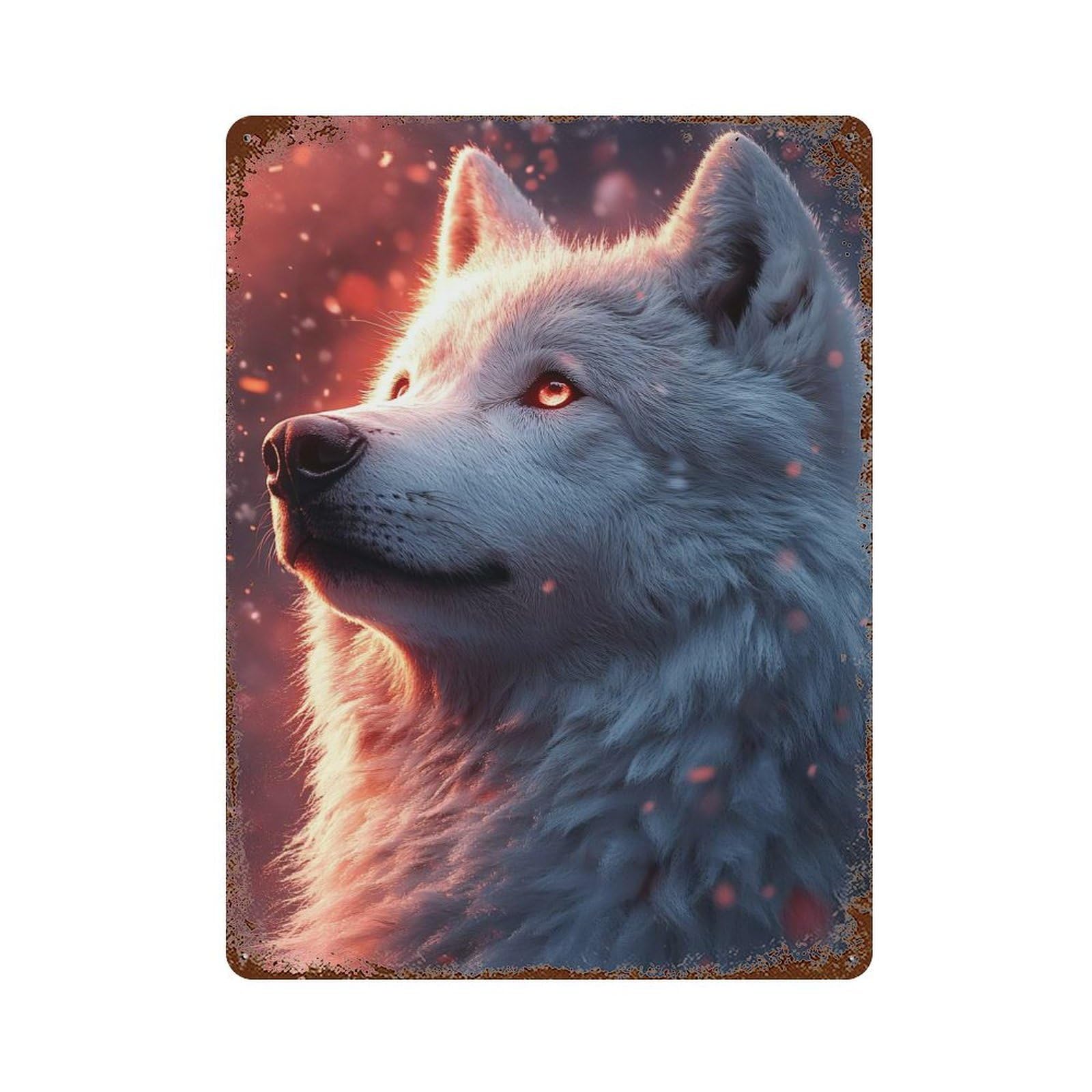 Majestic White Wolf Portrait with Glowing Eyes Vintage Metal Tin Sign 15.7"x11.8", Farmhouse Wall Decor for Patio, Garden Room And Bar Decor