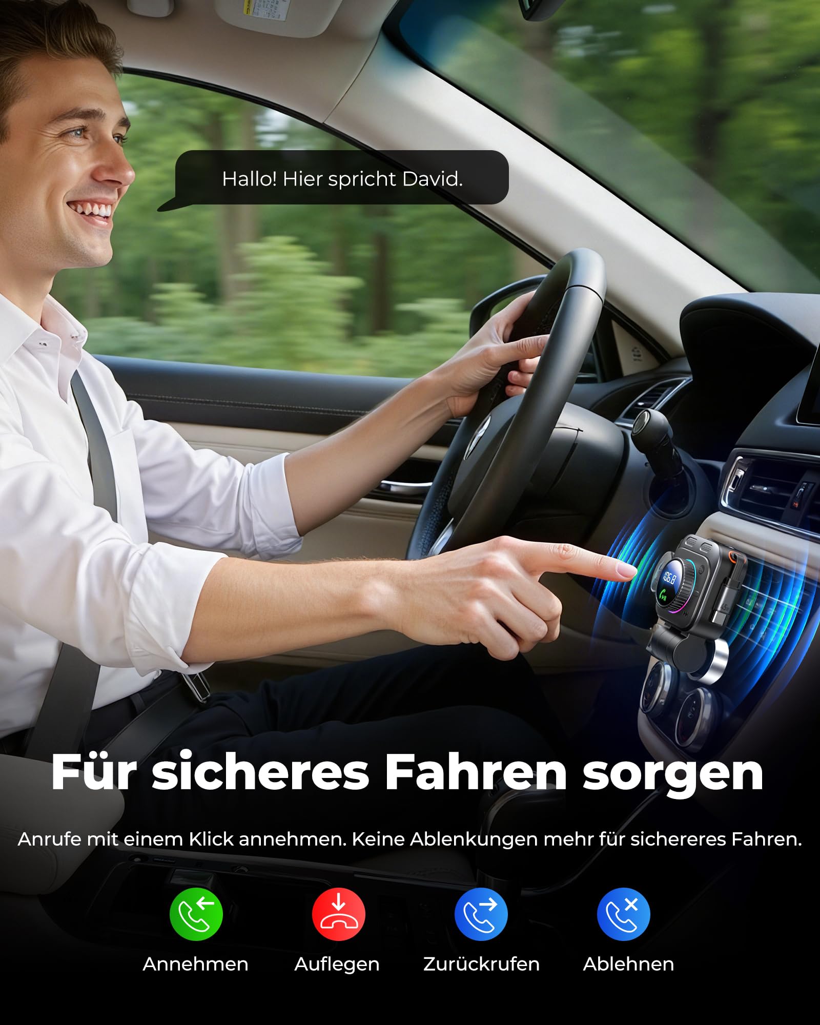 LENCENT 72W FM Transmitter Auto Bluetooth 5.4, Bluetooth Adapter Auto mit ausziehbarem Ladekabel, Zigarettenanzünder USB-C, Bass & Freisprecheinrichtung, Musik Adapter, 180° drehbar für iPhone 16/15