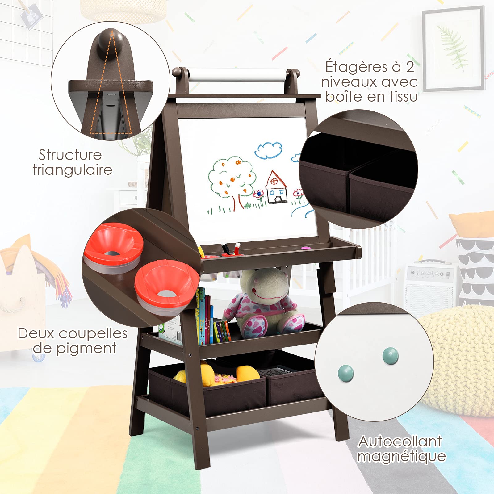 DREAMADE Chevalet Peinture pour Enfants avec Double Faces Noir et Blanc, Table àDessin pour Fille et Garçon avec 2 Étagères de Rangement, Multifonctionnel avec Accessoires Riches (Café)
