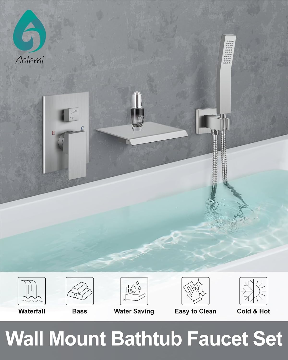 Aolemi Wall Mount Bathtub Faucet Set,Waterfall Tub Filler with Handheld Shower,Single Handle Solid Brass Tub Faucet with Rough-in Valve,Brushed Nickel
