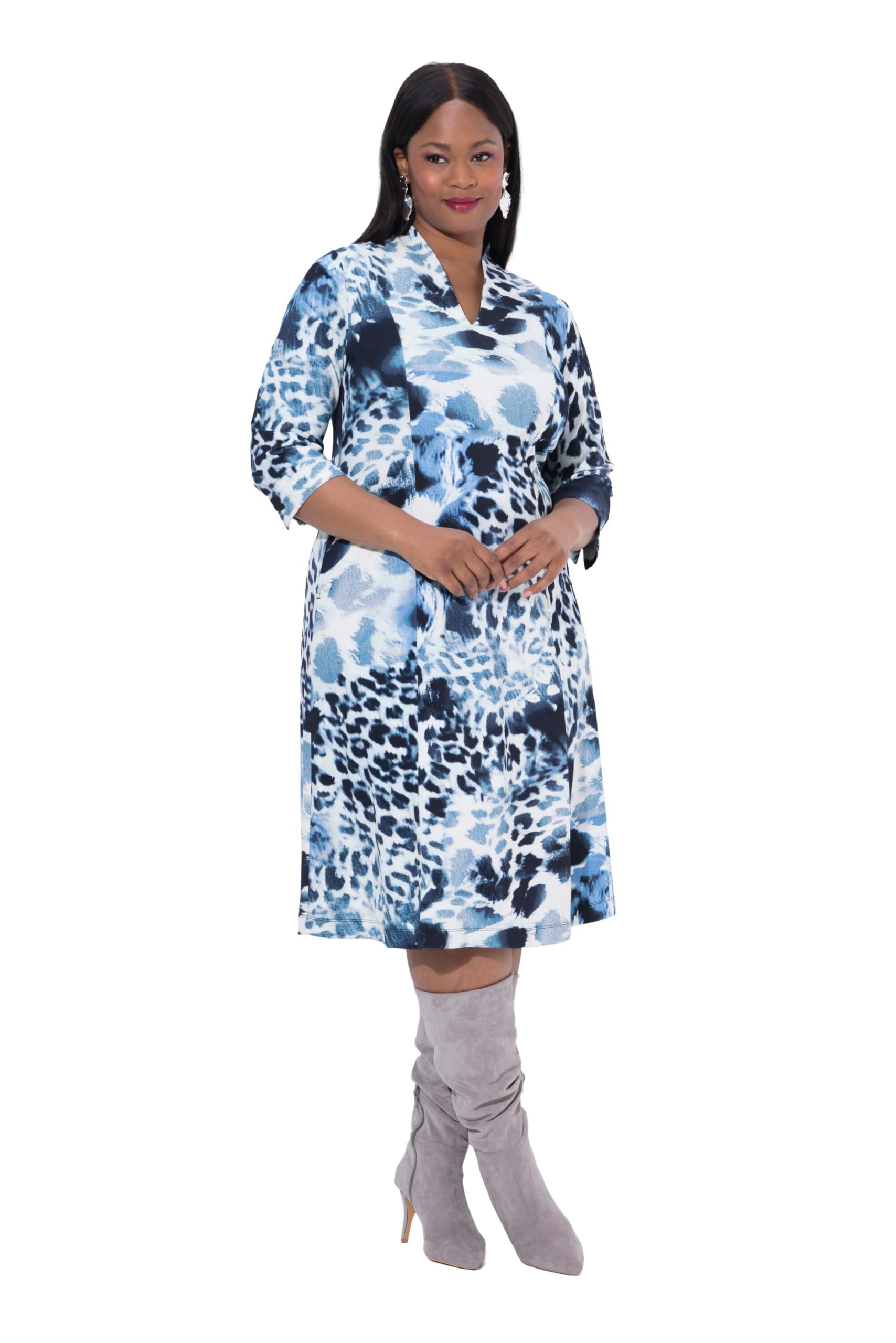 Ulla Popken Damen große Größen Übergrößen Plus Size Punto-Kleid, Leomuster, Kelchkragen, 3/4-Arm 841549