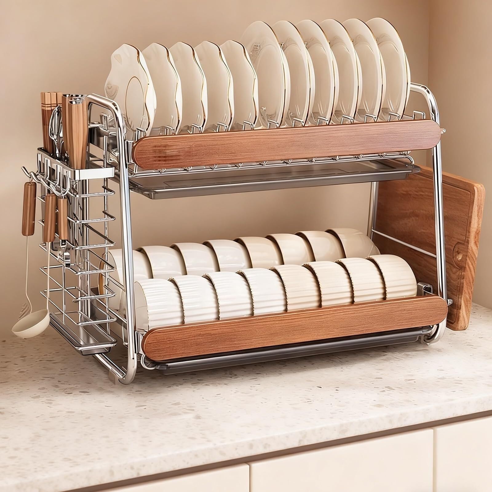 ARUNASC dish racks Countertop 2 Tier Dish Drying Rack Dishes Organizer Rack Double Decker for Kitchen Counter Organizer drainer(Primary Color,Full set)
