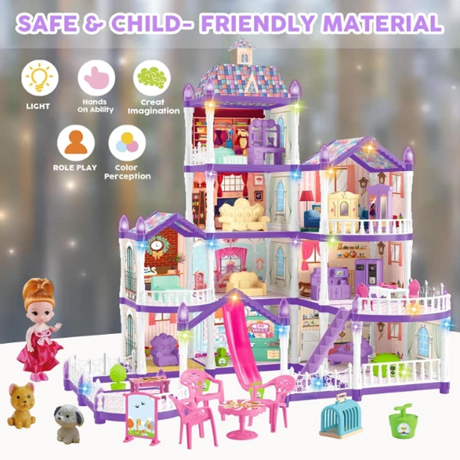 Casa Di Bambole Per Bambine 4 Piani 13 Stanze Giocattolo Miniature da | Con 3 Principesse E 2 Cuccioli, Arredamento E Set Per Bambini Per Bambine 4-6 di Ruolo Indoor Regalo per Feste