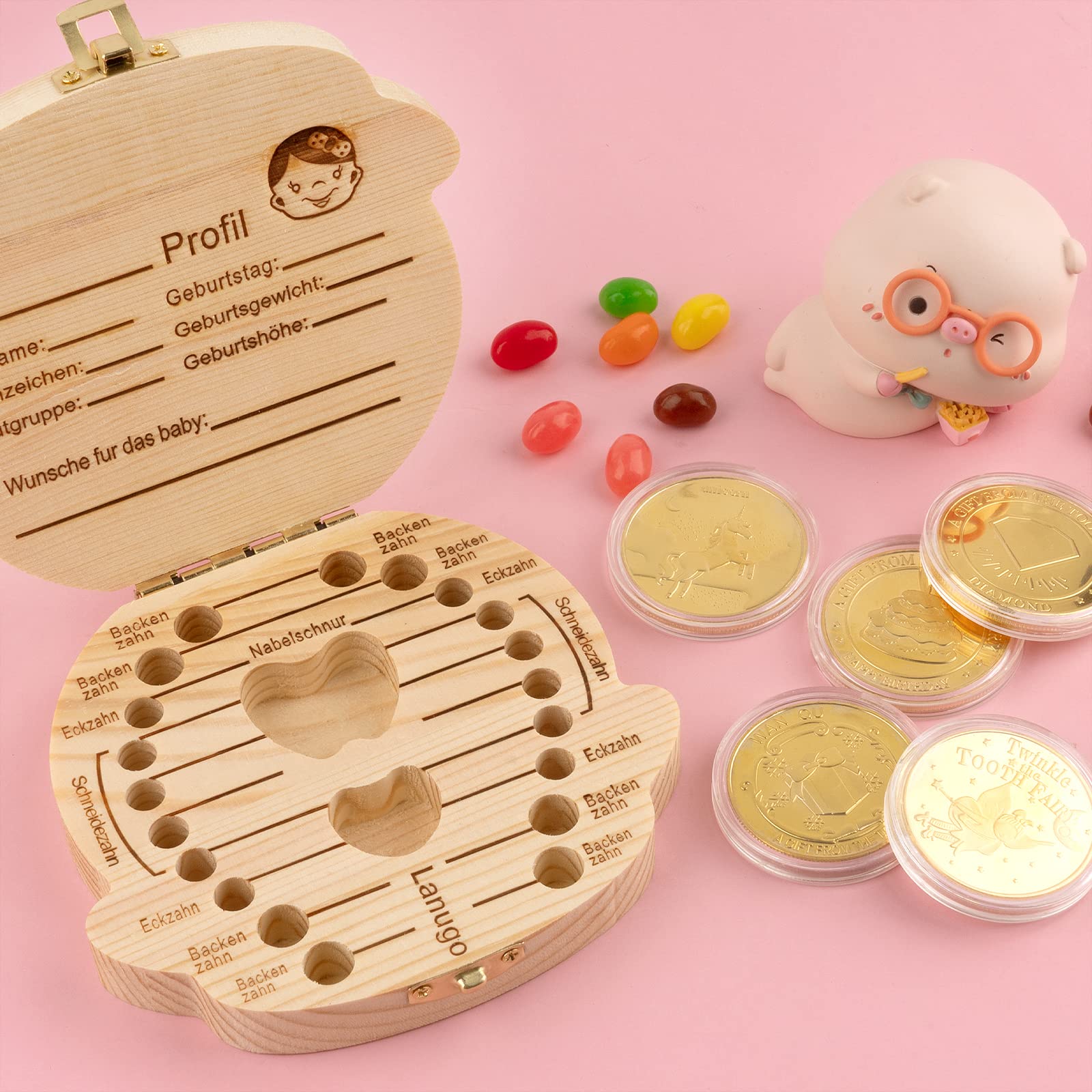 Milchzahnbox Aus Holz Mit Goldmünze - Geschenkset Für Kinderzähne