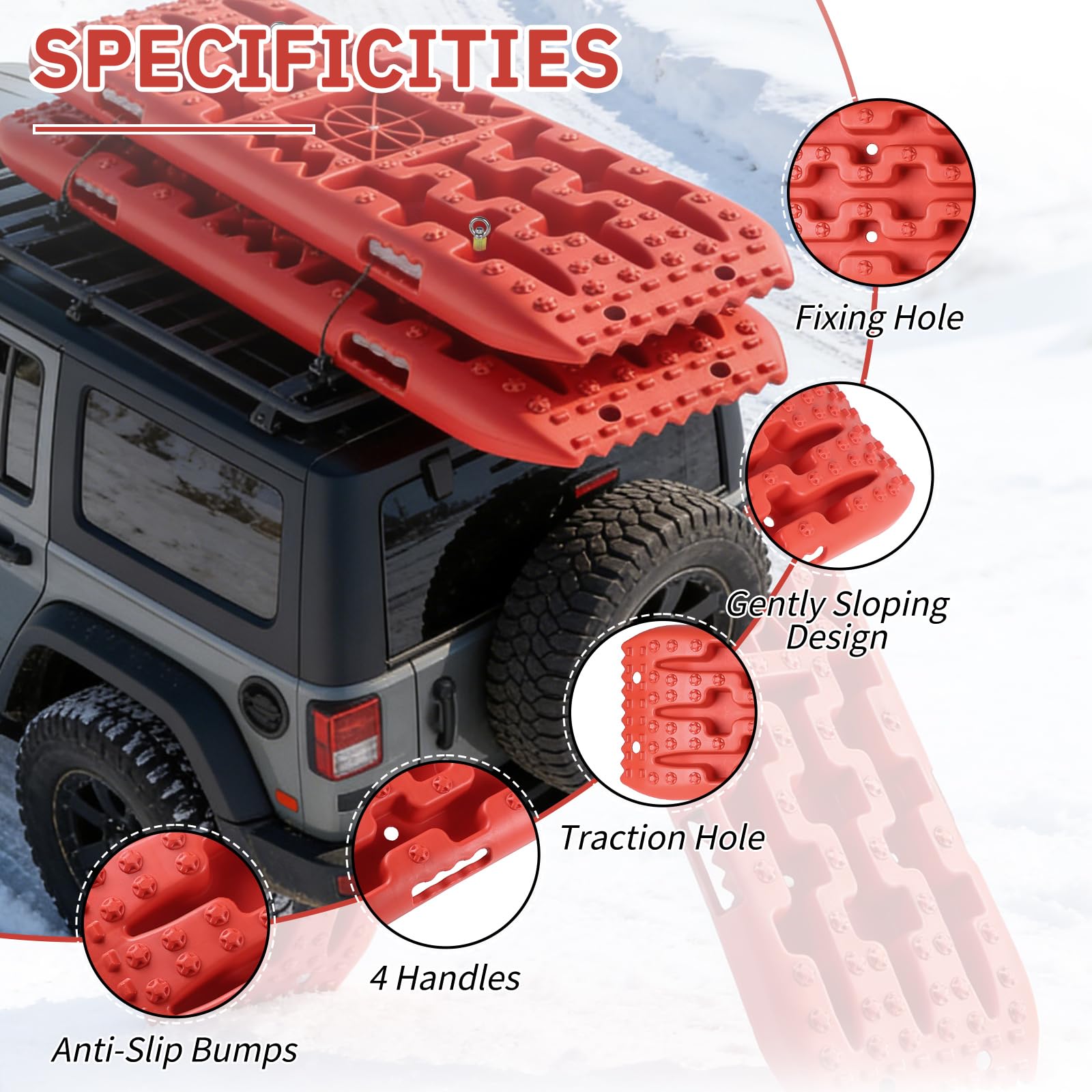 EXLECO 2 Pcs Plaques de Desensablage, Accessoire de Désenlisement pour Cale Camping Carr, 4x4 jusqu‘à 10T, Rampe Voiture de Récupération à Traction sur Sable, avec Sac de Rangement, Support, Rouge